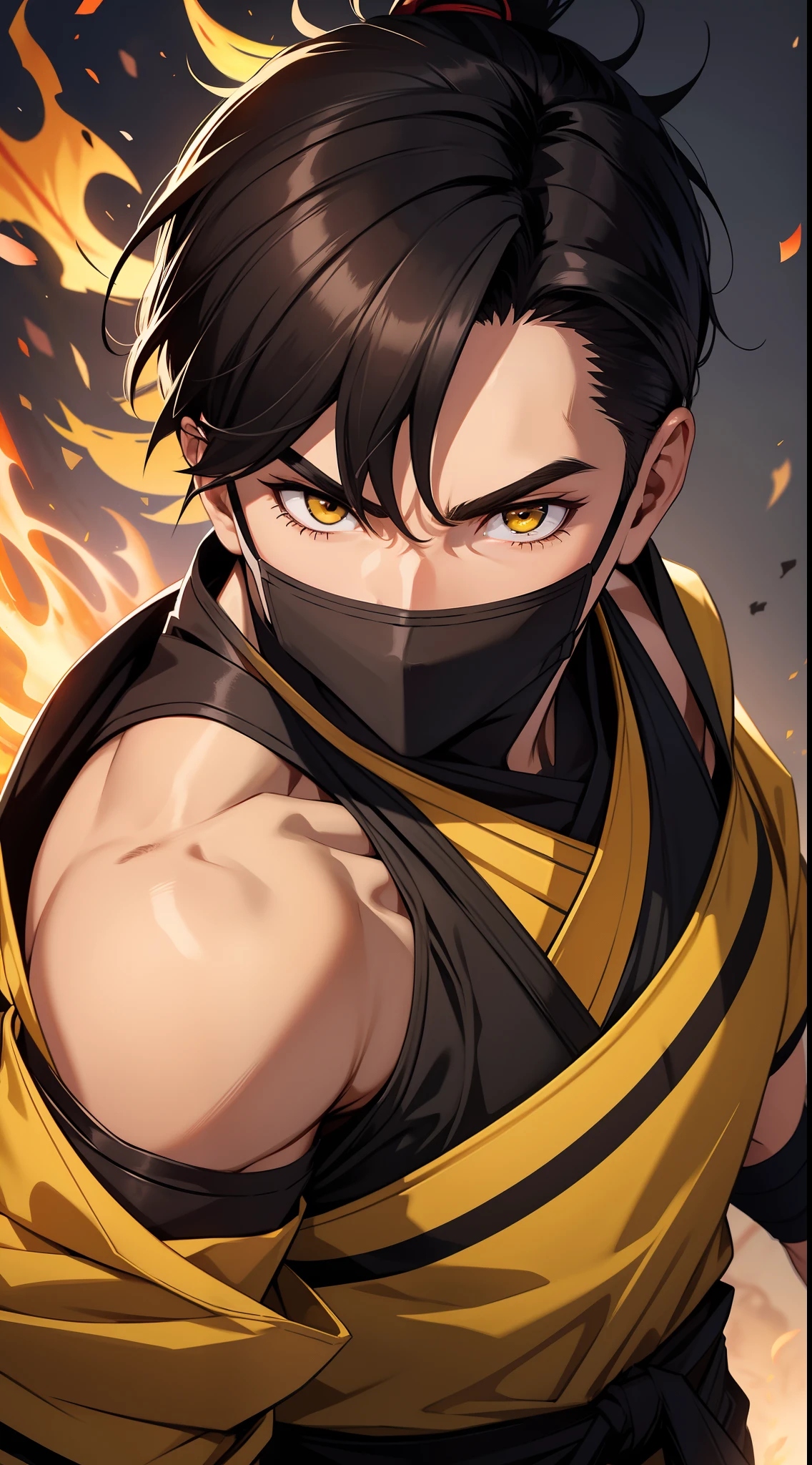 adult guy, short black hair, high ponytail, brown eyes, mask, yellow shinobi kimono, sleeveless, Scorpion, fire, katana, Masterpiece, hiquality, 4k, HD, Good detail