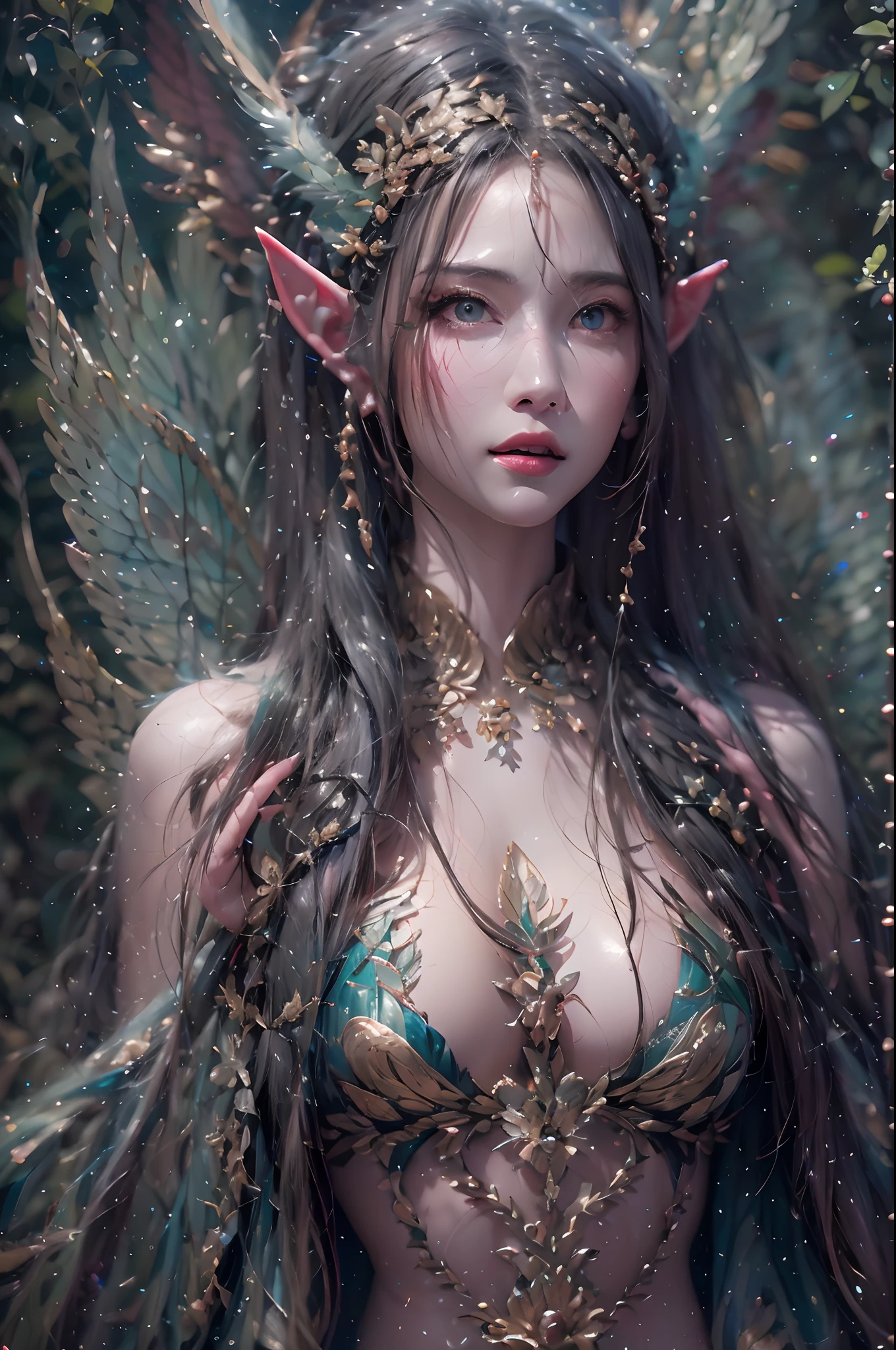 ( Absurd, High quality, Ultra-detailed, Masterpiece, concept-art, smooth, high detail artwork, Hyper-realistic painting ) , elf, Plum elf, plum , Transparent fairy wings, huge tit，low chest，fairytale-like, Romantic, Vivid, Whole body,hand behind back，Malu，In nature with waterfalls，PureErosFace_V1，Urzang-6500-V1 version.1，
