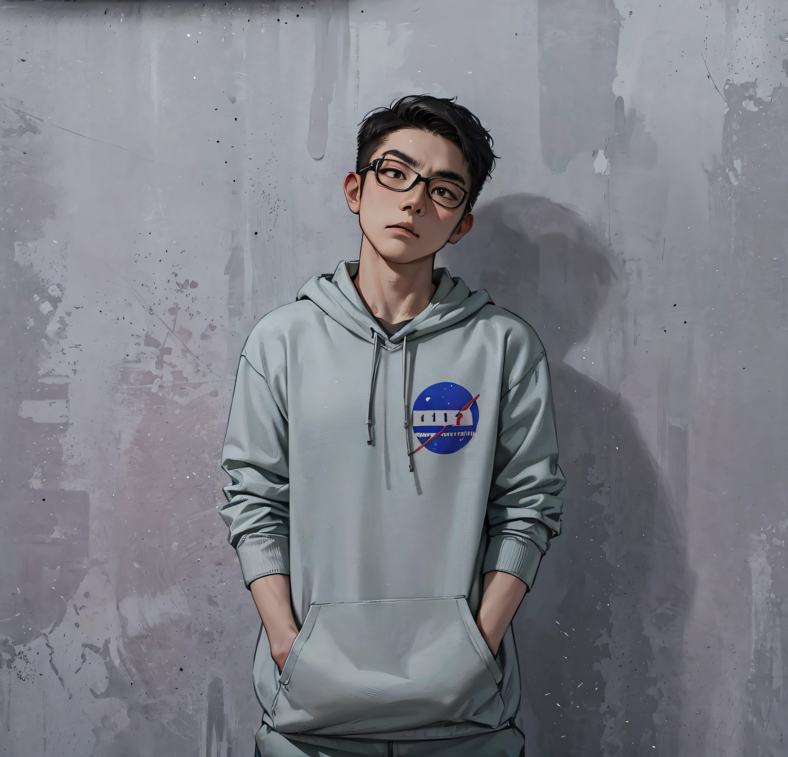 A young adult asian man in grey hoodie, black short hair, eyeglasses, standing over unconsious enemy, facing the camera, with a revenge expression