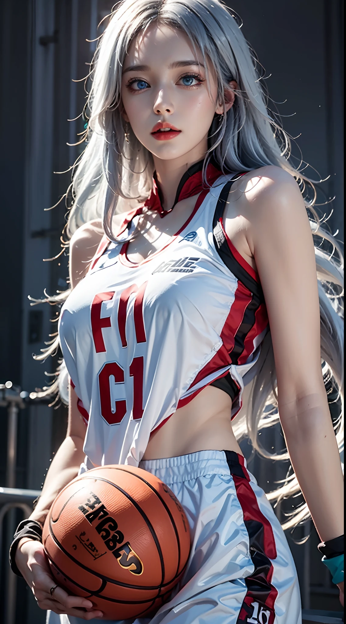 photorealistic, high resolution, soft lights, 1women, solo, hips up, (blue eyes, long hair, white hair), basketball uniform, hips up