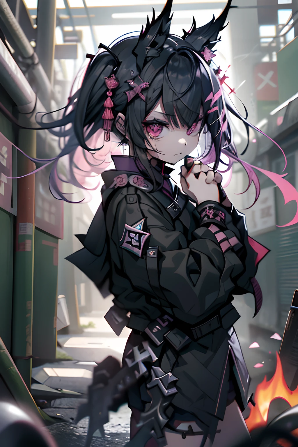 Kungfu、Kick、Kungfu、blood splashing、dead body、morning、Gothic punk、耳Nipple Ring、hair adornments、A dark-haired、Pink and black color、poneyTail、Black Pink Shirt、、Black shorts、Blunt bangs、Photorealsitic, hight resolution, 1 rapariga, Korea person,Flames from the eyes、🔥