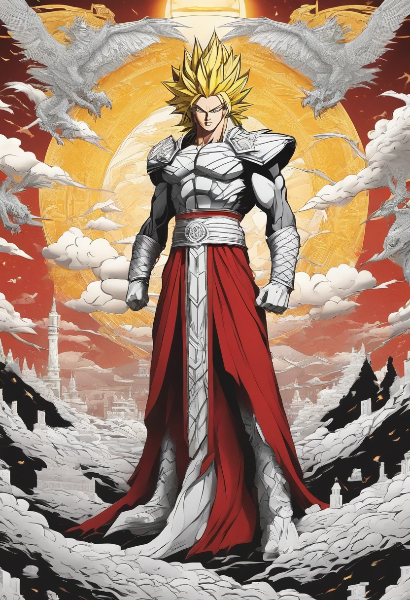 Super Super Sayakin, Diamond-yellow hair and red eyes,Black pencils are drawn around, white apparel,Dragon Tower Pass print, Good open scream, Fierce battles with enemies, Heaven and earth scenery