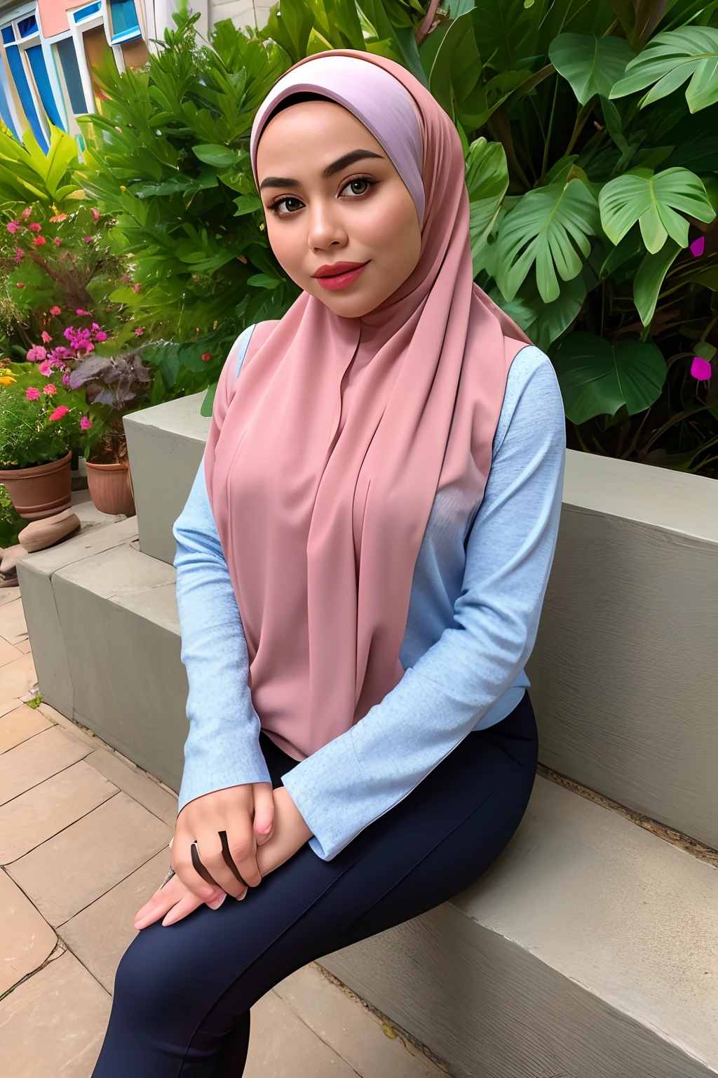 Malay girl in hijab and wear Half Button Rib Knit Tee with pastel color jacket and High Waist Plicated Detail Suit Pants, walking in city street, catwalk, confident walk, windy, elegance, front view, detail skin, detail skin texture, beautiful malay face, pastel color outfit, small breast, wide hip, wide waist, thick thighs, slim abs, beautiful body, evening, sunset, sun light enhance dramatic mood, arrogant smile, professional cinematic lighting, blur background, bokeh, realistic, ultra detail, high quality,