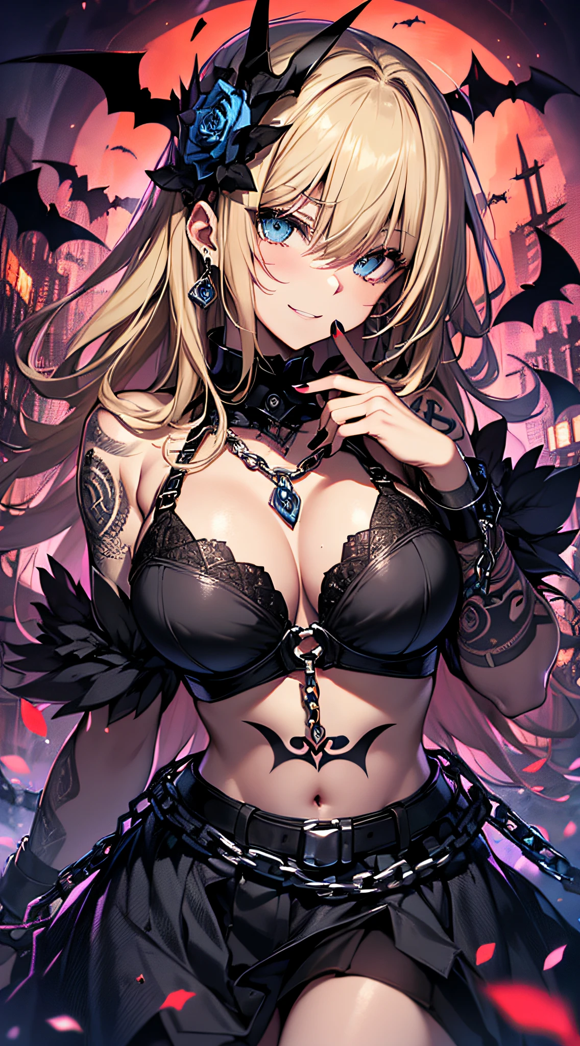 top-quality、Top image quality、masterpiece、girl with((18year old、Dark clothing、Dark bra、Dark skirt、 Best Bust、Bust 90、Blonde long、Blue eyes、open chest wide、Valley、Happiness、A slender、Provocative behavior、Evil face、Handcuffed、High laughter、Skull Tattoo、Tattoo of roses、Targeting your audience、Tighten blue rose hair、Aura of Darkness,Dark Forces,blue flames、Chain Accessories、Black wings、Black manicure、Black whip、Wearing the Vibrations of Darkness))hiquality、Beautiful Art、Background with((prison、Dark impression、nightcity,Red sky、Many bats、many chains、the magma))、masutepiece、Elaborate design、visualart、dark art