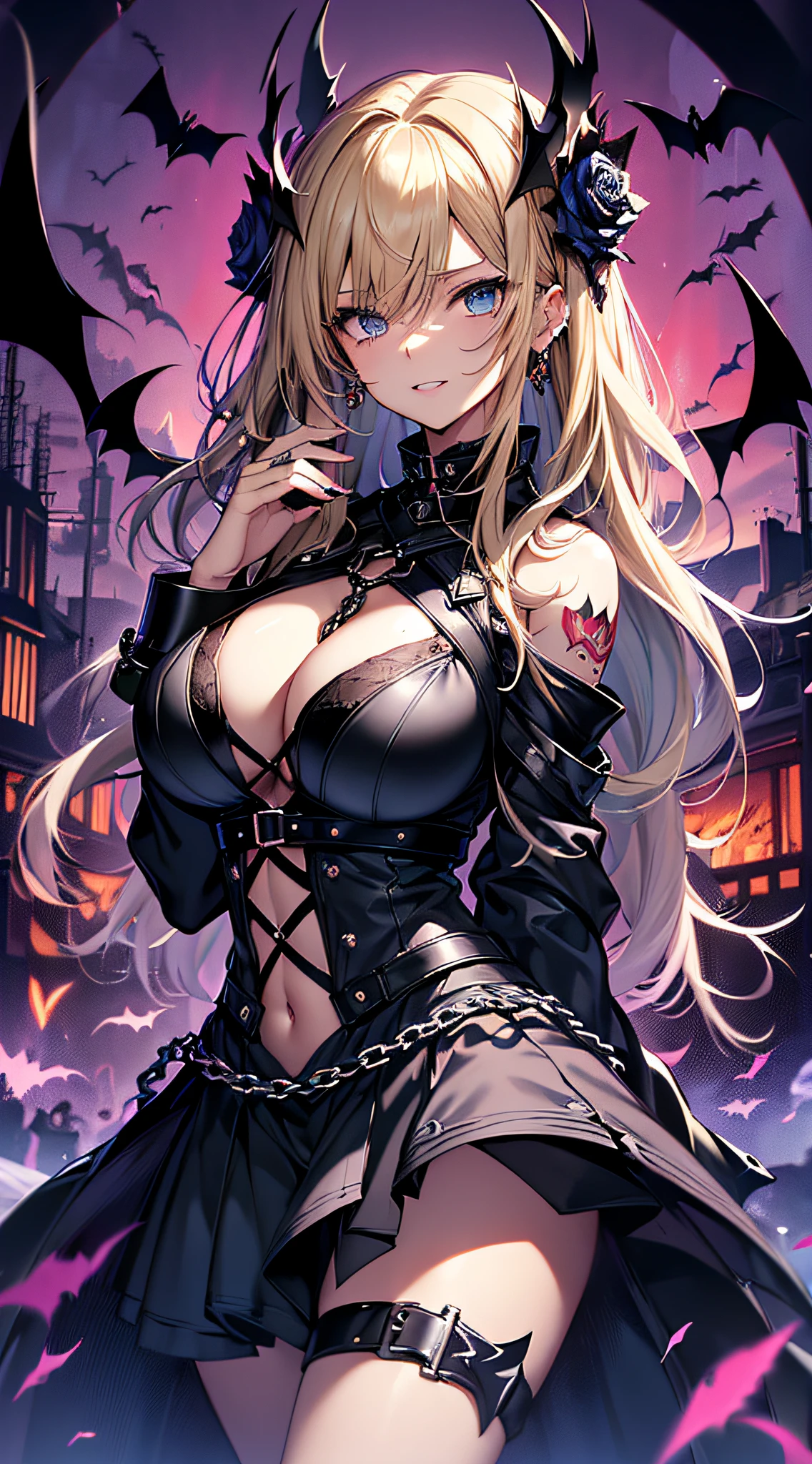 top-quality、Top image quality、​masterpiece、girl with((18year old、Dark clothing、Dark bra、Dark skirt、 Best Bust、Bust 90、Blonde long、Blue eyes、open chest wide、Valley、Happiness、A slender、Provocative behavior、Evil face、Handcuffed、High laughter、Skull Tattoo、Tattoo of roses、Targeting your audience、Tighten blue rose hair、Aura of Darkness,Dark Forces,blue flames、Chain Accessories、Black wings、Black manicure、Black whip、Wearing the Vibrations of Darkness)）hiquality、Beautiful Art、Background with((prison、Dark impression、nightcity,Red sky、Many bats、many chains、the magma))、masutepiece、Elaborate design、visualart、dark art