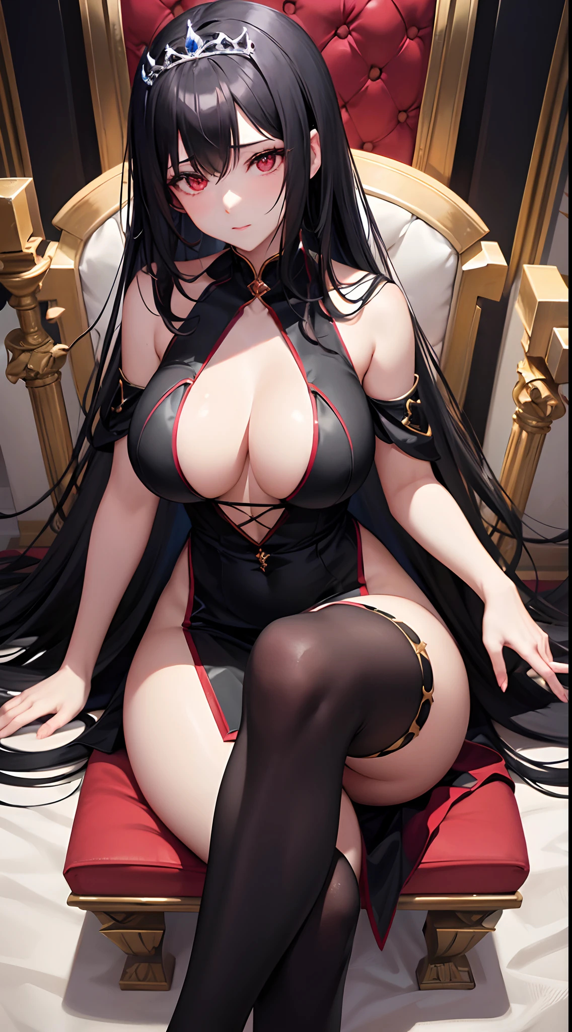 Anime Girls、He has a seductive ahe face.、Beautiful long black hair、He has red eyes with red flashes in his eyes.、Sitting on a throne with legs crossed。In a fantasy world、It's magic and、Dressed in black。Perfect body like the Queen of the Underworld wearing Princess Tiara、thick thight、Dominant appearance、An arrow of crimson light is pierced in her eye、large full breasts、Sensual body、Floating one-handed control magic black