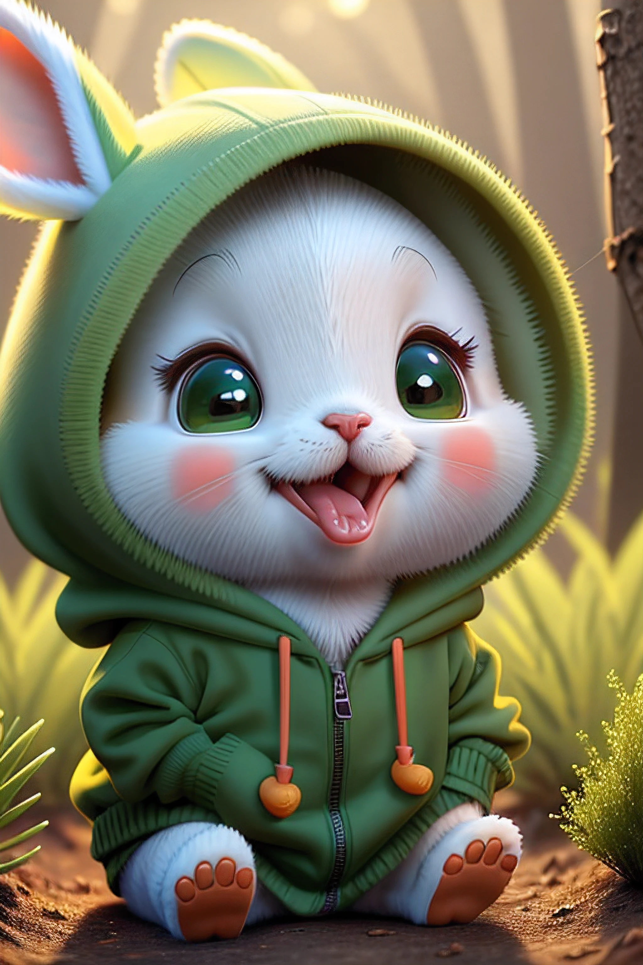 A close up of a cartoon rabbit wearing a green hoodie - SeaArt AI