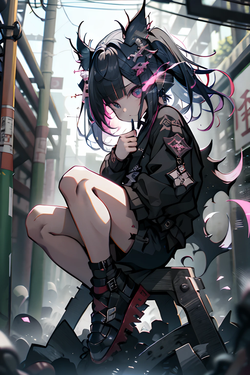 (otherworldly, otherworldly atmosphere, otherworldly appearance), highly insanely detailed, masterpiece, top quality, best quality, highres, 4k, 8k, RAW photo, 1girl, solo, lewd, OldTaipei, scenery, outdoors, building, power lines, city, alley, street, road, motor vehicle, utility pole, potted plant, plant, air conditioner, window, shop, squatting, sign, (fantasy world), sexy posing, Sex Position, lewd pose, seductive pose, sexy pose