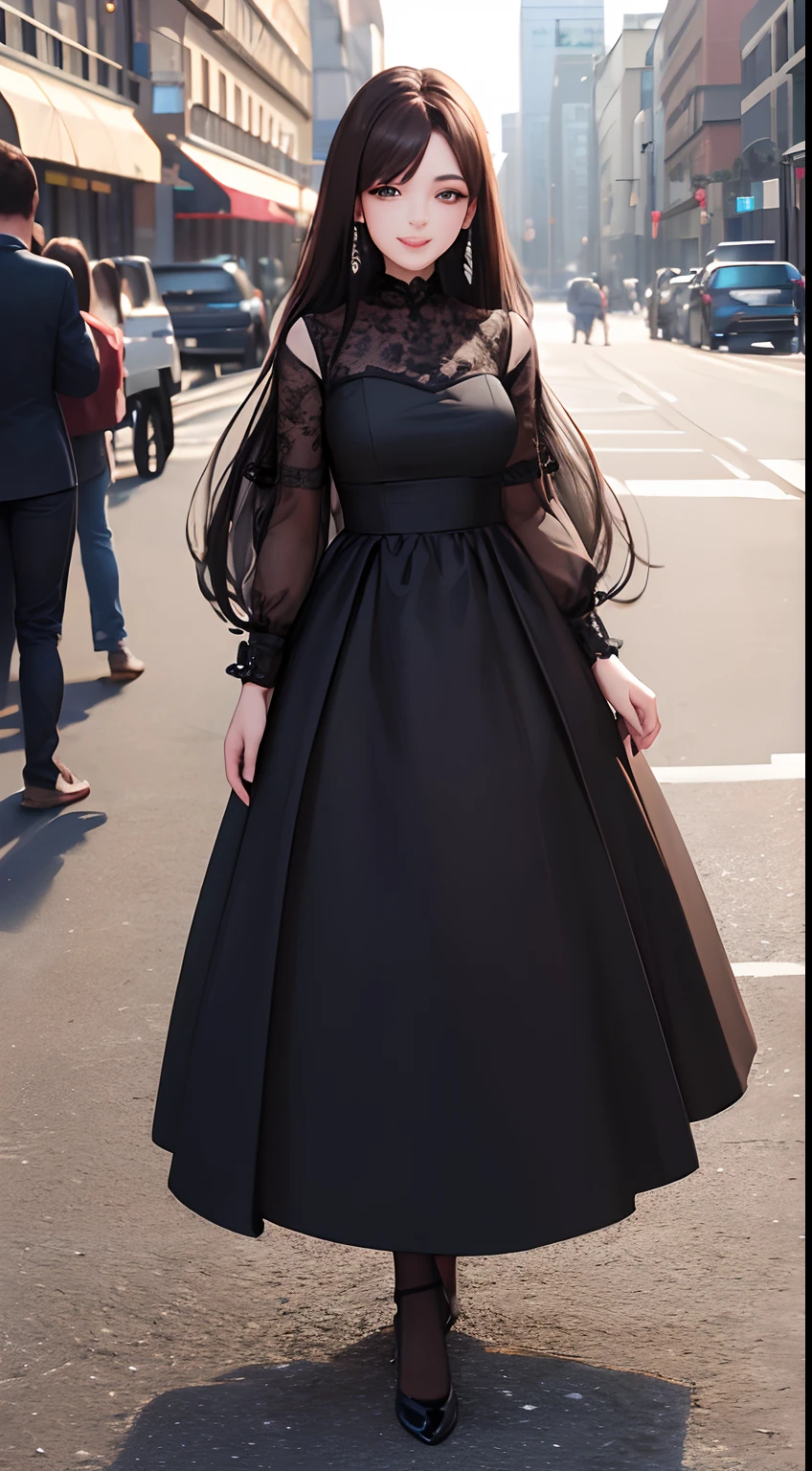 Araffe girl in a black dress standing on a city street - SeaArt AI