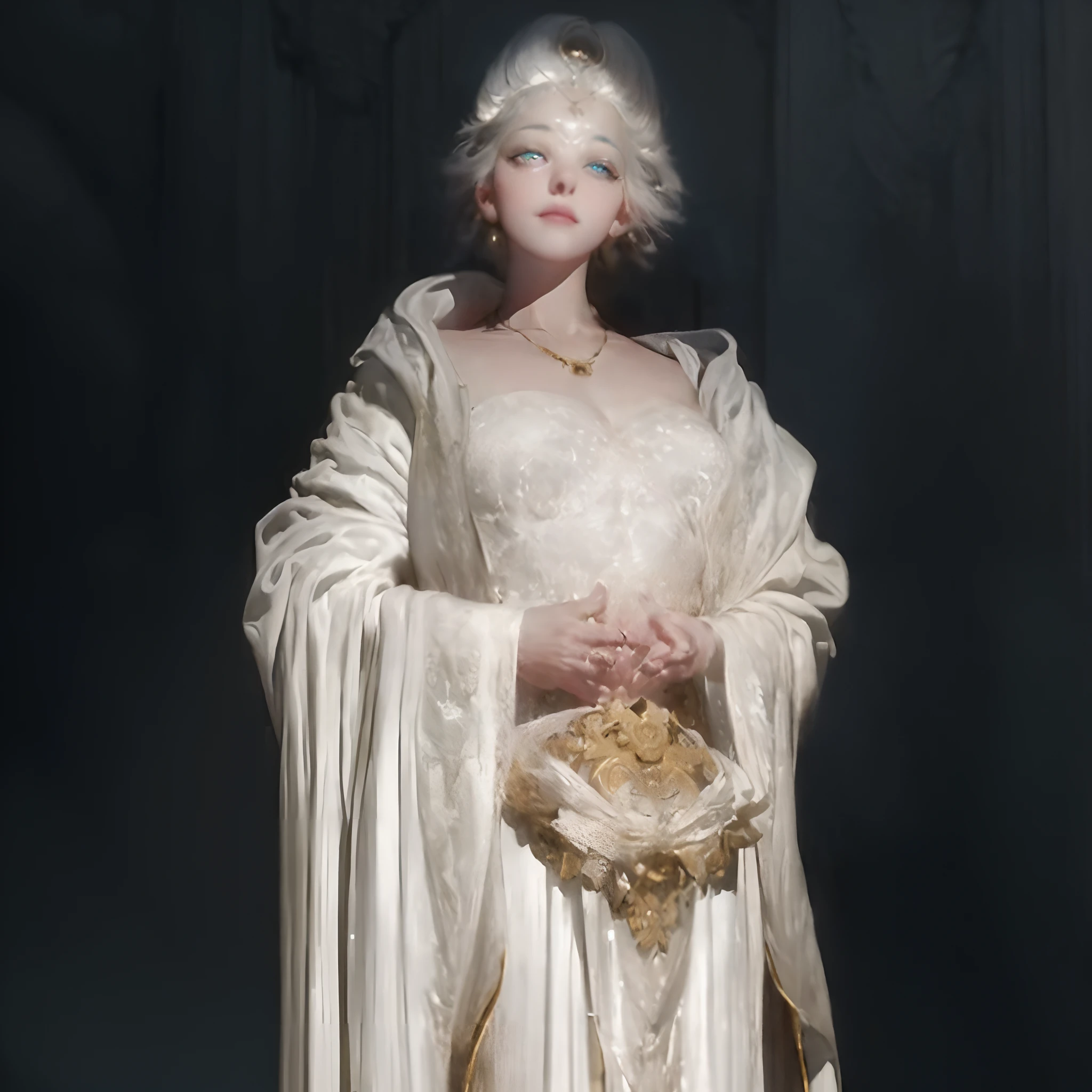 ((Solo))(With incredible details, textures and maximum detail), (Ultra photo realsisim:1.4), (Realistic:1.3), (best quality real texture skin), (finely detailed true circle eyes), (A delicate and delicate beautiful face:1.6), ((medieval world)), (God of birth:1.4), (full-body portraits:1.5), (Mother's warm eyes), (There was joy in her eyes，With a happy smile on his face: 1.3), (Beautiful eyes that sparkle), (full-body standing image), (Dramaticlight), (A majestic sight), Her expression was full of tenderness and beauty, (large wings，There are beautiful white feathers behind the shoulders: 1.3), (Wear a white hooded robe with an elaborate pattern: 1.2), Folded wings, elaborate earrings, Divine atmosphere, (((Dramatic photo))), (Sunset), (Sunny), ((dramatic pose)), (flamboyant photo), (Silver hair), ((head looking up)), ((Looking down)), (gives full-body standing image:1.5), (Around her neck is a simple necklace of exquisite workmanship), Great botanical cathedral, great shrine, Temple ruins, detached temple, (Divine Radiance Magic Array: 1.2), Ancient Castle Site, Deserted ruins, crumbling ruins, Ancient ruins with clear water, Shining majestic cloud masses and sky,