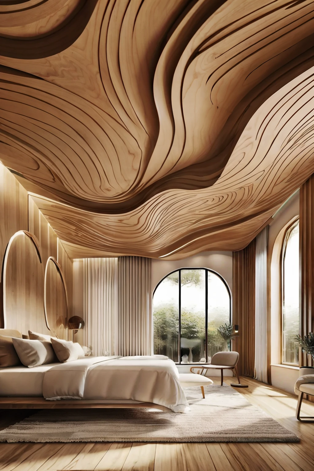 a bedroom with wooden waving ceiling, (photo realistic:1.2), interior, high quality