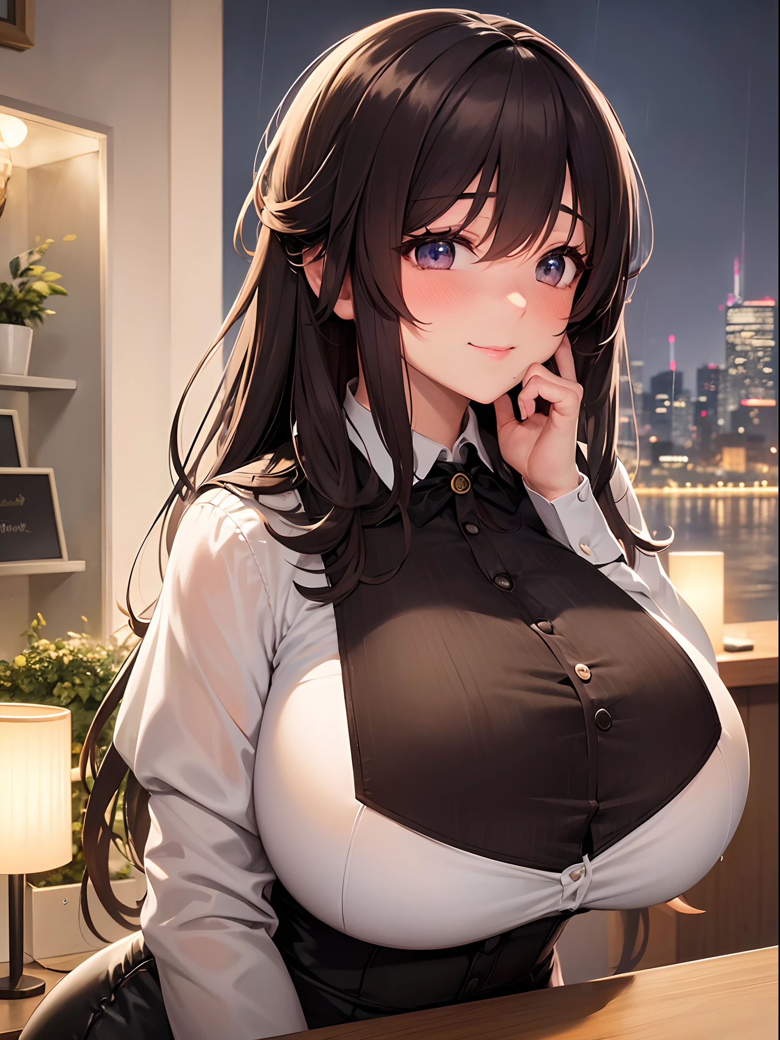 (8K, Best Quality, masutepiece: 1.2), (Realistic, Photorealistic: 1.37), super detailed, 1 adult female, Cute, Alone, Beautiful detailed sky, Detailed Cafe, Night, Sitting, date, ( nose blush), (Gentle smile: 1.15), (closes mouth) ,((huge bust:1.5)) ,Beautiful details, (Collared shirt: 1.1), Night, Wet, Business Wear, Rain, White lace, (Long hair: 1.2), Floating Hair NovaFrogStyle,A dark-haired,Ahoge,