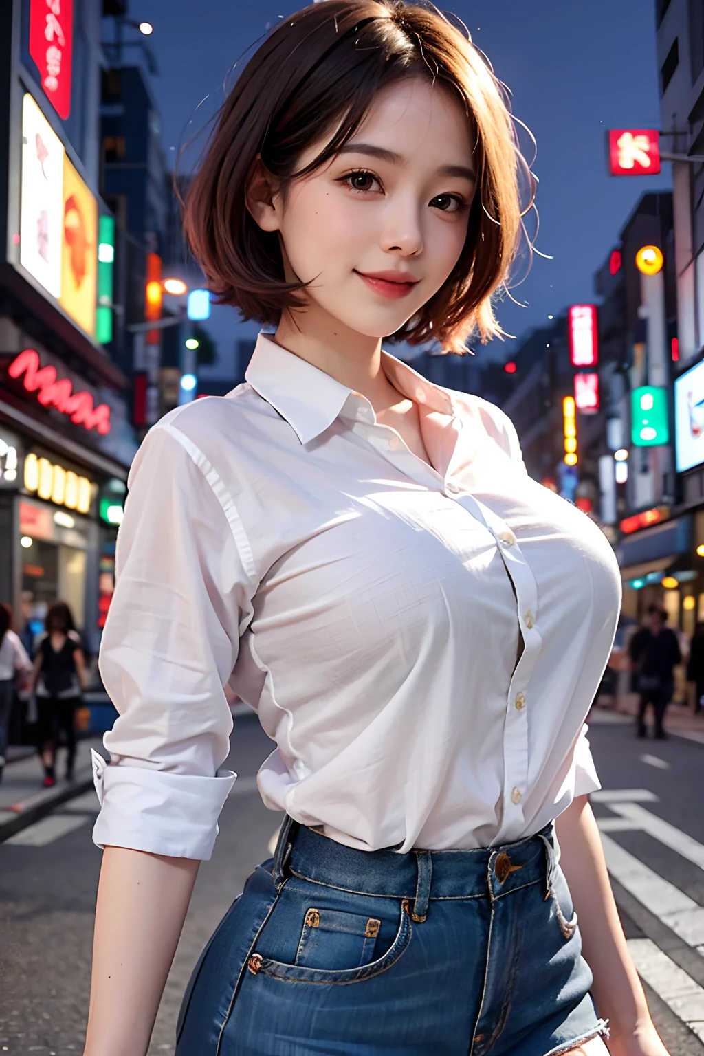 a beautiful face of a 20 year old japanese actress is man's own one, man's short hair cut, shirt is worn, woman's large breasts are man's own one, mans bare crotch and woman's bare legs are parts of one body, erect large penis is naked and exposed, standing, at street in the city, nsfw, best quality, highly detailed, masterpiece, ultra high res, photo realistic, 8k