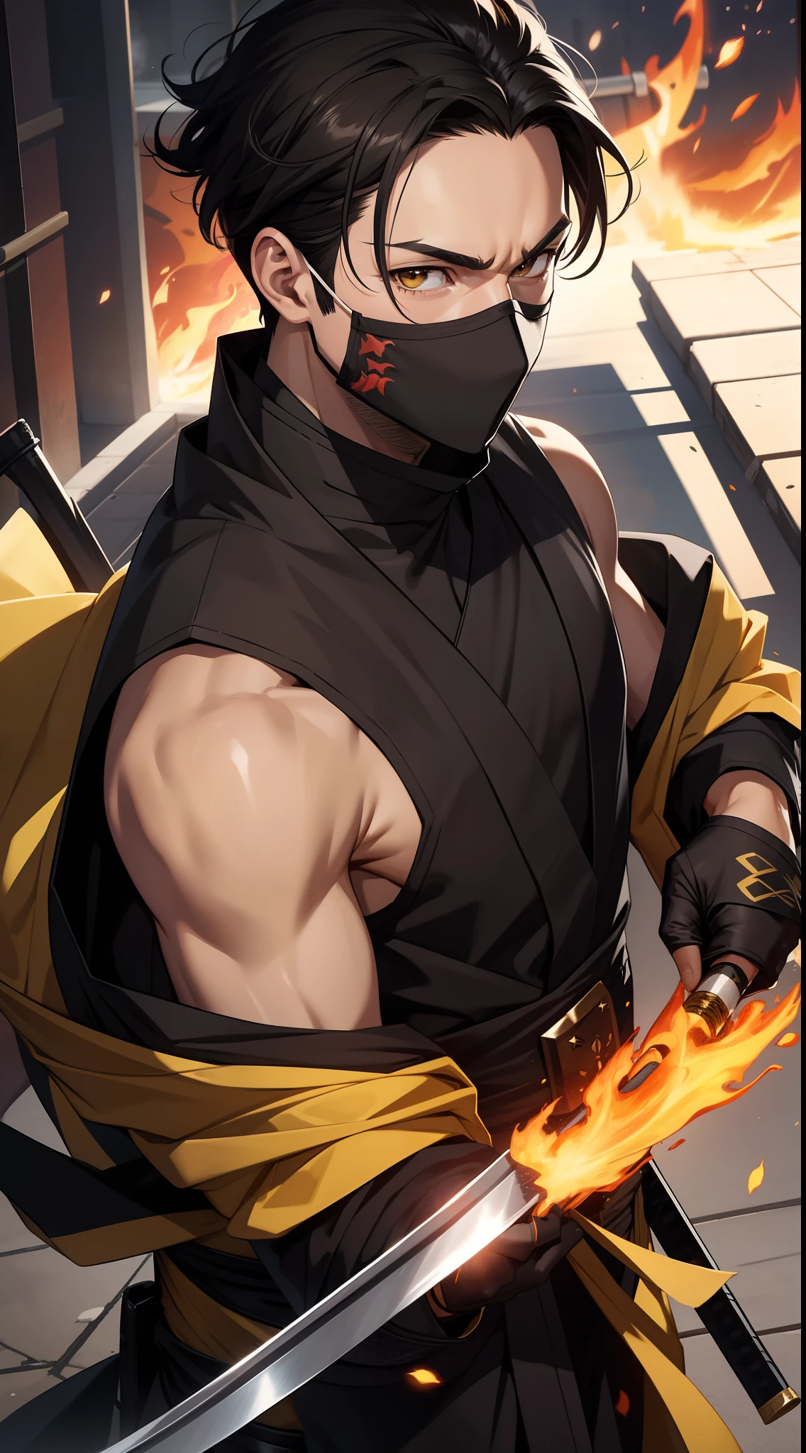adult guy, short black hair, high ponytail, brown eyes, mask, yellow shinobi kimono, sleeveless, Scorpion, fire, katana, Masterpiece, hiquality, 4k, HD, Good detail