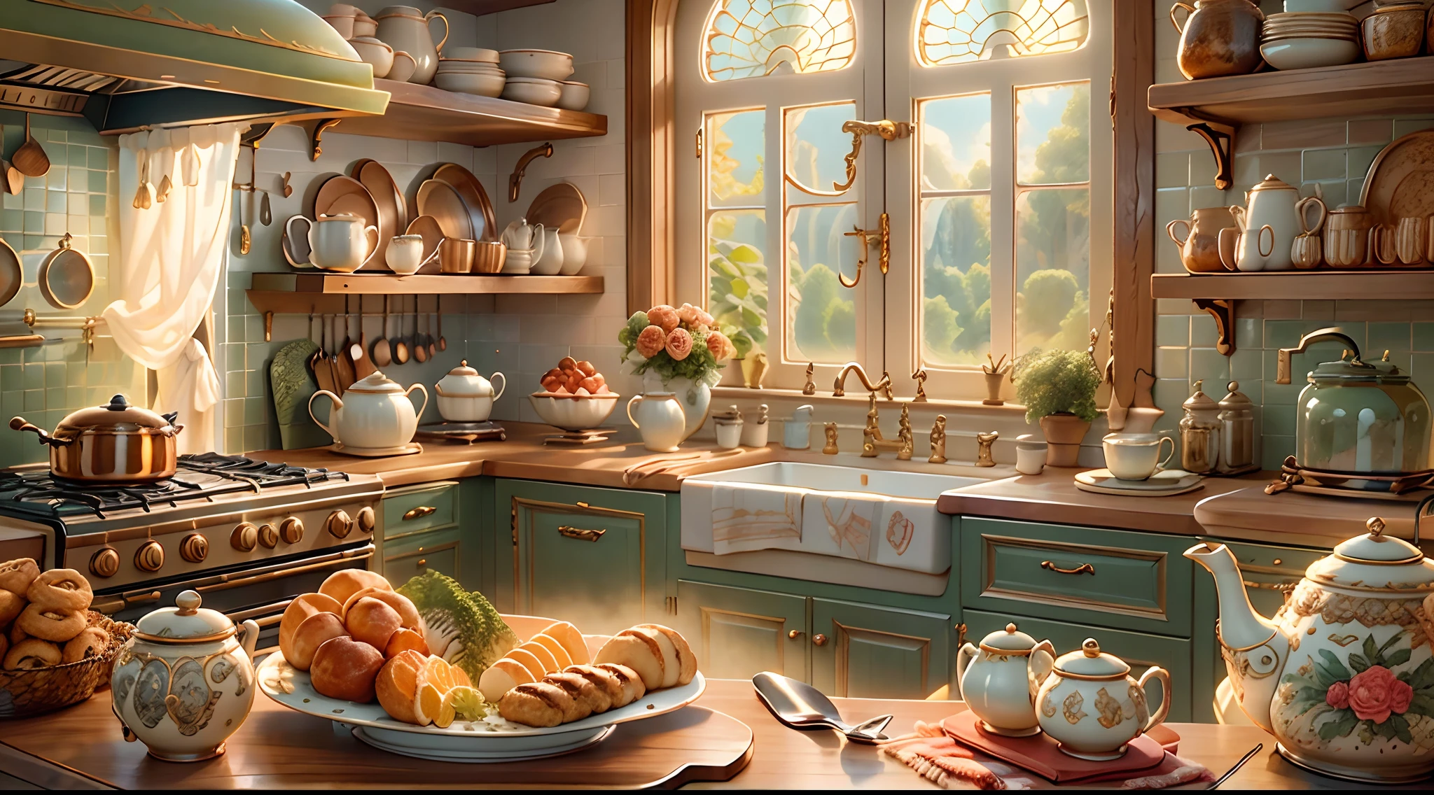 Highly detailed kitchen scene, Professional lighting, [Vivid colors], [Ultra-detailed], [Photorealistic:1.37], hardwood floor, Stainless steel appliances, marble countertops, Large center island with built-in sink, Hanging pot rack filled with copper cookware, Beautiful chandeliers hanging above the island, Rustic farmhouse dining table and mismatched chairs, Cozy breakfast corner with bay window, Natural sunlight shines through transparent curtains, Vintage coffee machine on countertop, A pile of fresh produce on a wooden cutting board, A bouquet of flowers on the windowsill, Decorative tile backsplash, Intricate carvings on cabinet doors, A glass jar filled with a wooden spoon, Collection of antique teacups on shelf, A bunch of recipes on a wall-mounted bookshelf, Fruit painting on the wall, Freshly baked bread on the table, The steam rises from the pot on the stove, Glass jars filled with homemade cookies, A bowl of colorful fruits on the countertop, A French press and a set of ceramic cups on trays, Vintage radio playing soft jazz music, Small herb garden on the windowsill, Comfortable carpet on the floor, A sizzling sound came from the oven, Fill the room.
