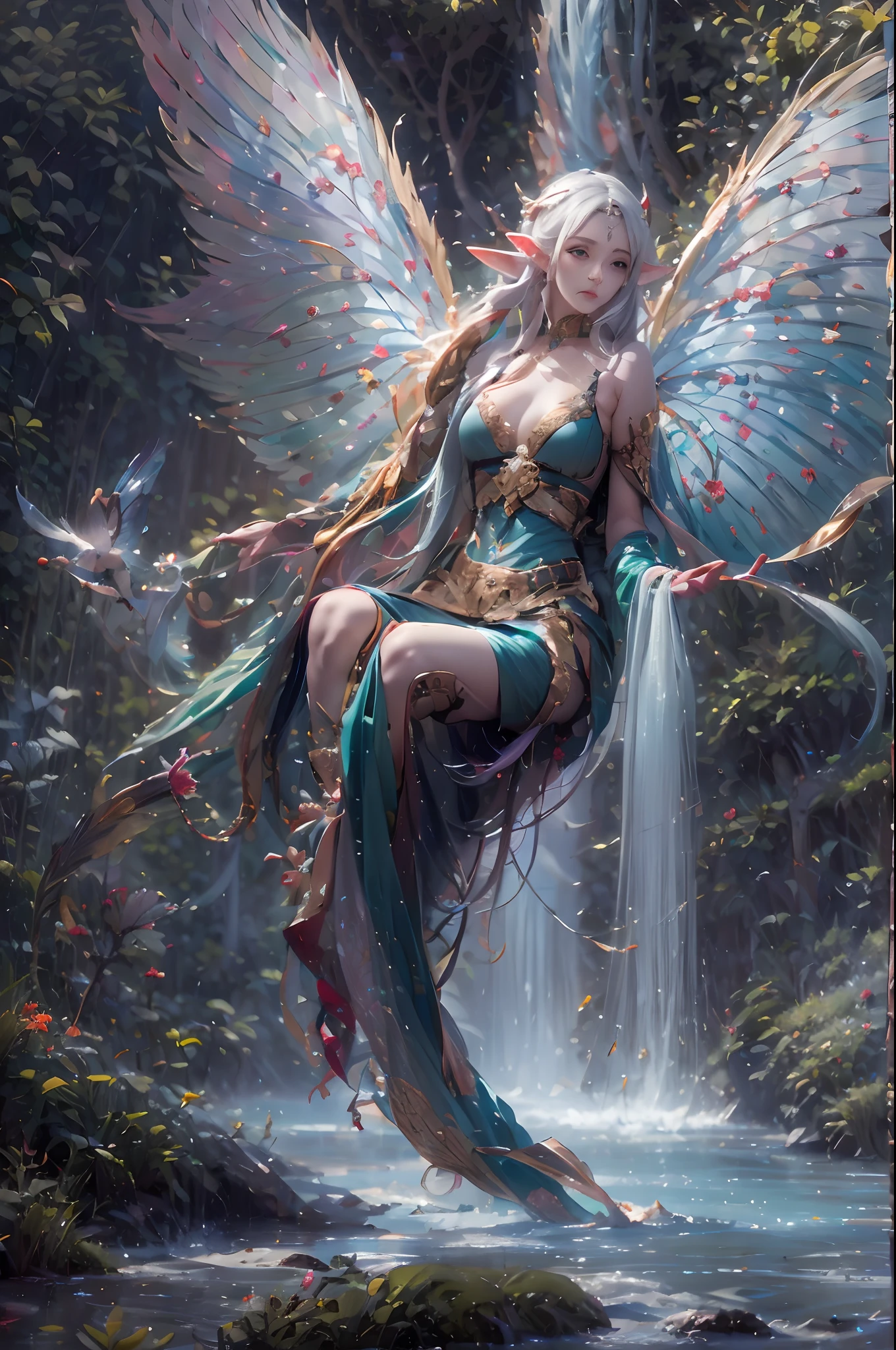 ( Absurd, High quality, Ultra-detailed, Masterpiece, concept-art, smooth, high detail artwork, Hyper-realistic painting ) , elf, Plum elf, plum , Transparent fairy wings, huge tit，low chest，fairytale-like, Romantic, Vivid, Whole body,hand behind back，Malu，In nature with waterfalls，PureErosFace_V1，Urzang-6500-V1 version.1，