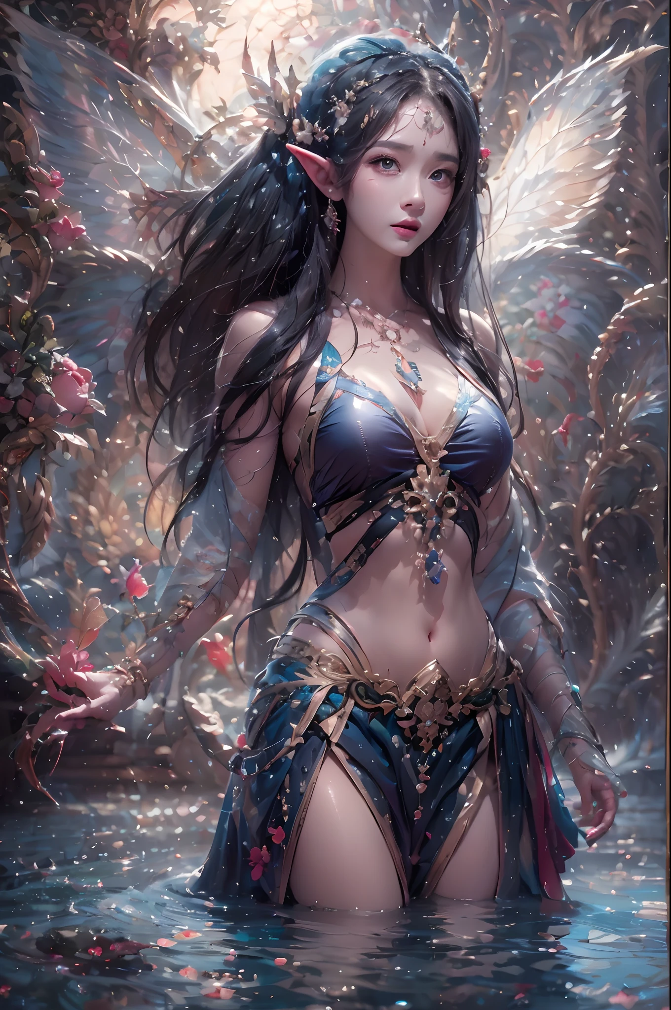 ( Absurd, High quality, Ultra-detailed, Masterpiece, concept-art, smooth, high detail artwork, Hyper-realistic painting ) , elf, Plum elf, plum , Transparent fairy wings, huge tit,low chest,fairytale-like, Romantic, Vivid, Whole body,hand behind back,Malu,In nature with waterfalls,PureErosFace_V1,Urzang-6500-V1 version.1,
