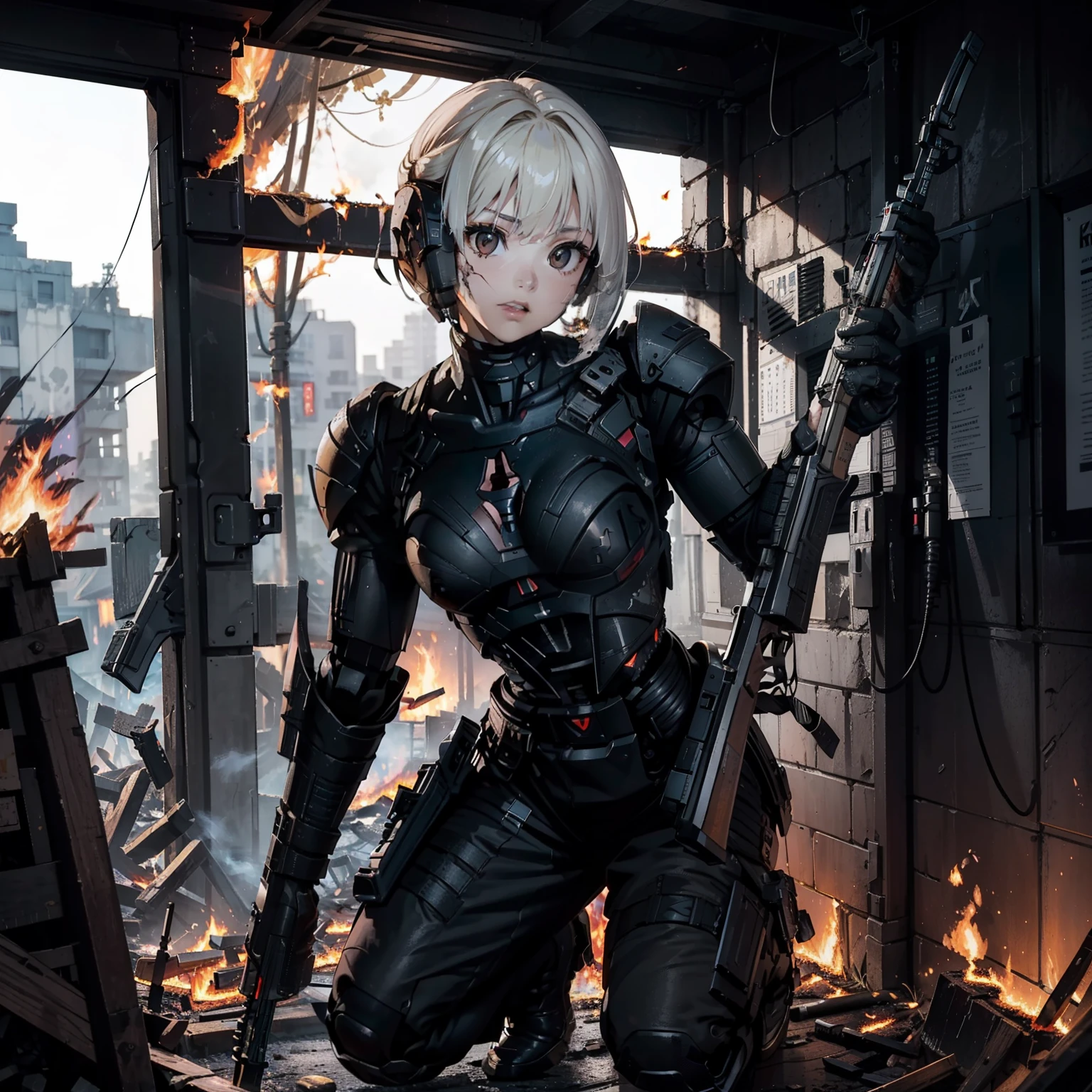 (Female soldier with strong body)、(((Fire shotgun to kill androids:1.4)))、独奏:1.4、(Black combat uniform)、(platinum-blonde-hair:1.2)、Have multiple weapons、Running through the rubble、((超A high resolution))、Detail Write、masterpiece、top-quality、extremely details CG、8K picture quality、Cinematographic lighting、lensflare、(Night combat)、((From the inside of the building to the outside))、Hyper-detailing、Android wreckage、cowboy shot:1.4、From diagonally above 、(HK416)、turned around、Detailed firearm depiction、Firearms with perfect detail、Long barrel without distortion、Kneeling