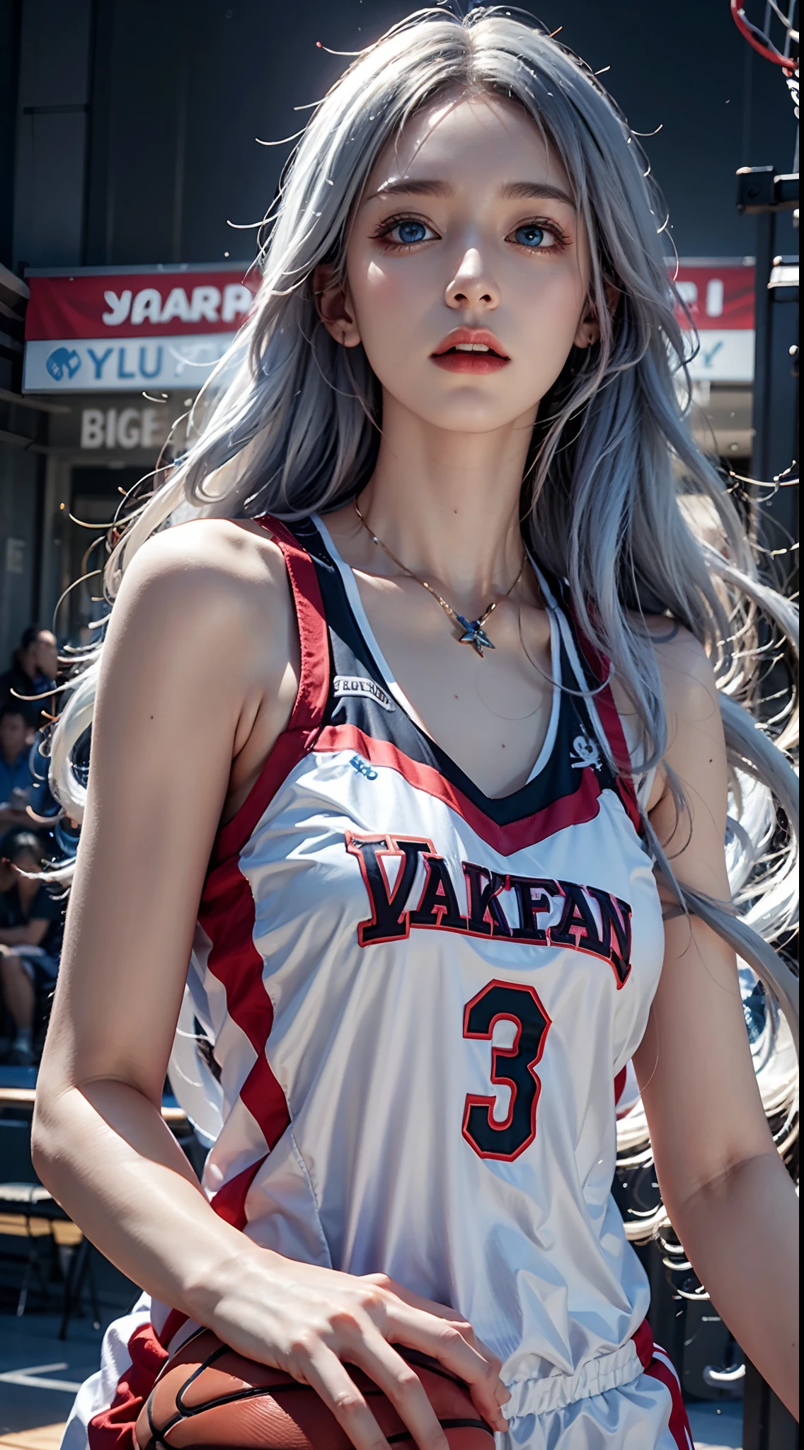photorealistic, high resolution, soft lights, 1women, solo, hips up, (blue eyes, long hair, white hair), basketball uniform, basketball yard, hips up