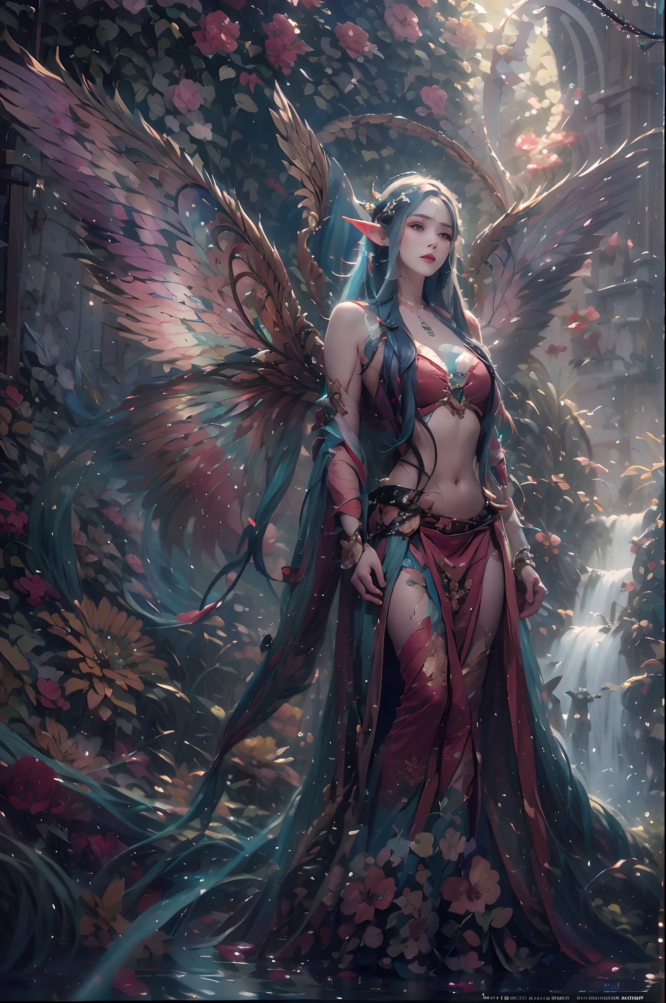 ( Absurd, High quality, Ultra-detailed, Masterpiece, concept-art, smooth, high detail artwork, Hyper-realistic painting ) , elf, Plum elf, plum , Transparent fairy wings, huge tit,low chest,fairytale-like, Romantic, Vivid, Whole body,hand behind back,Malu,In nature with waterfalls,PureErosFace_V1,Urzang-6500-V1 version.1,