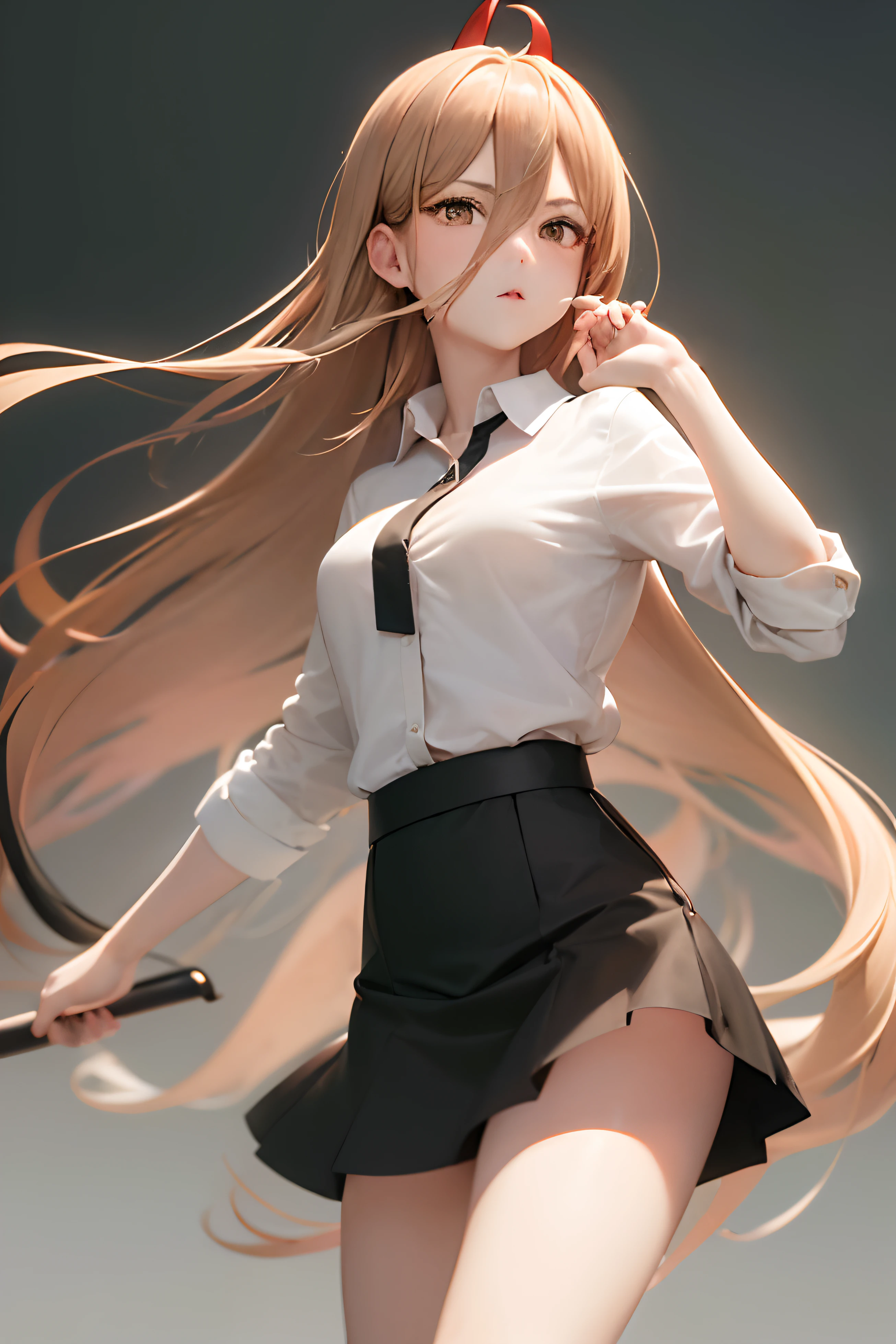 ((masterpiece, best quality)), (1girl), (solo), (female focus), (ahoge, brown hair, very long hair), golden eyes, ((white shirt), (buttoned shirt), (gap button)), ((black skirt), (short skirt)), standing, black background, dynamic angle