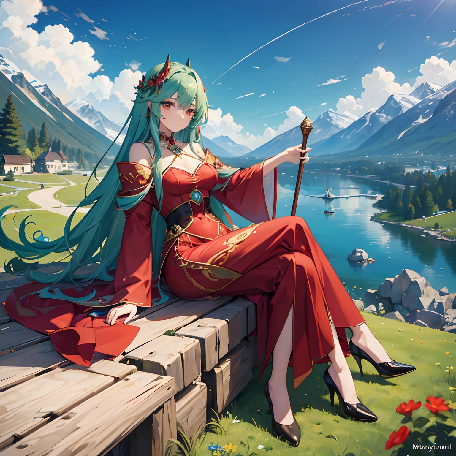 best qualityer,tmasterpiece,Ultimate resolution,downy,Extremely colorful,Colorful,Alpine background,Sky flight,(Red magic robe long dress),Long flowing green hair,The Witch,a matural female,(red high heel pumps),Sit on a magical broom,Normal posture,Normal posture