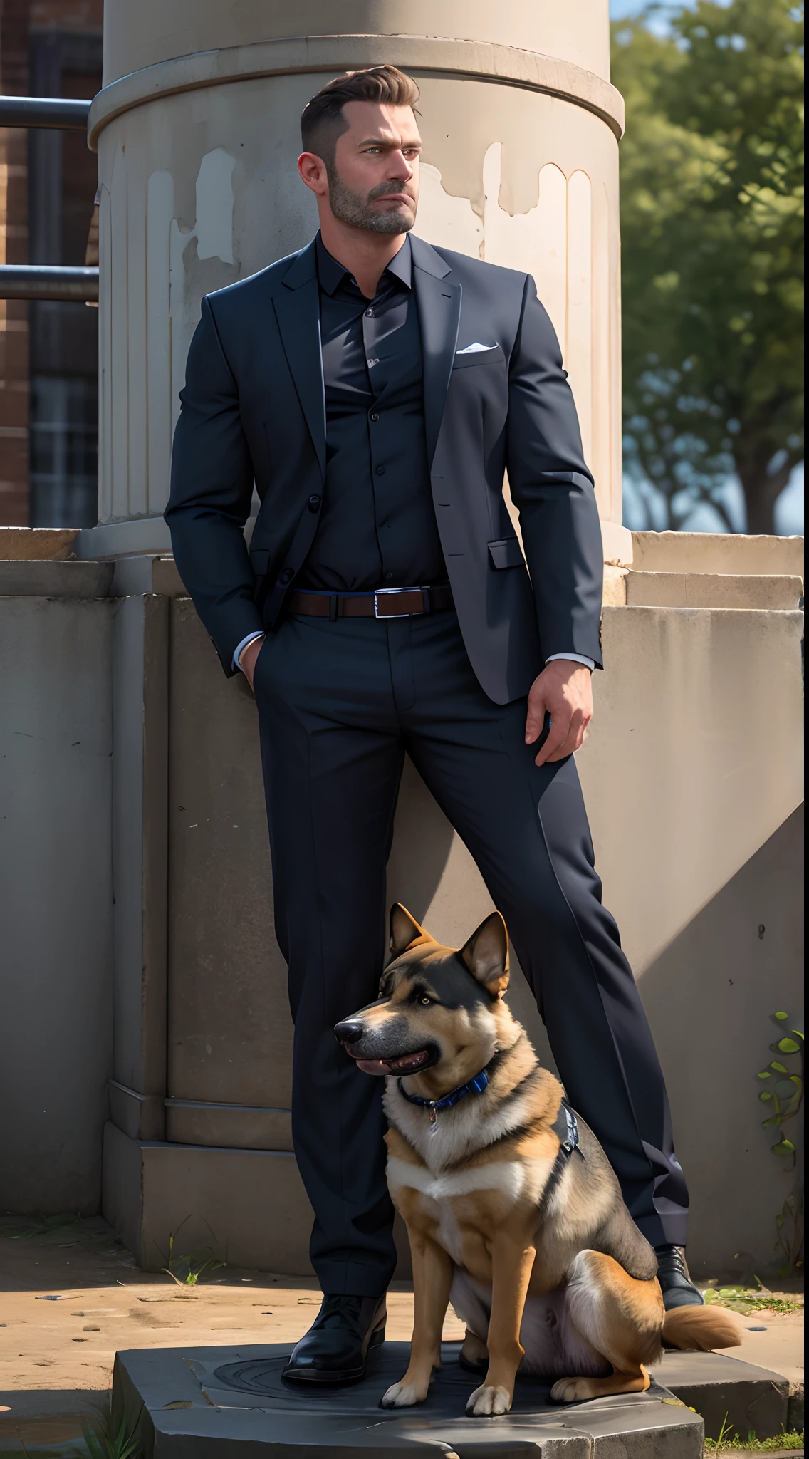 a man and a big K9 German Sheppherd dog, middle-aged man, stubbles, blue formal shirt, brown leather jacket, facial hair, Beautiful eyes:1.3, ), (Detailed face:1.3), have a police badge on the belt, standing in a park, the man standing behind the dog, ((the high well detailed)), detailed face, bad ass shot, seen from the front, full body shot, from below, close up on the dog, (looking up:1),