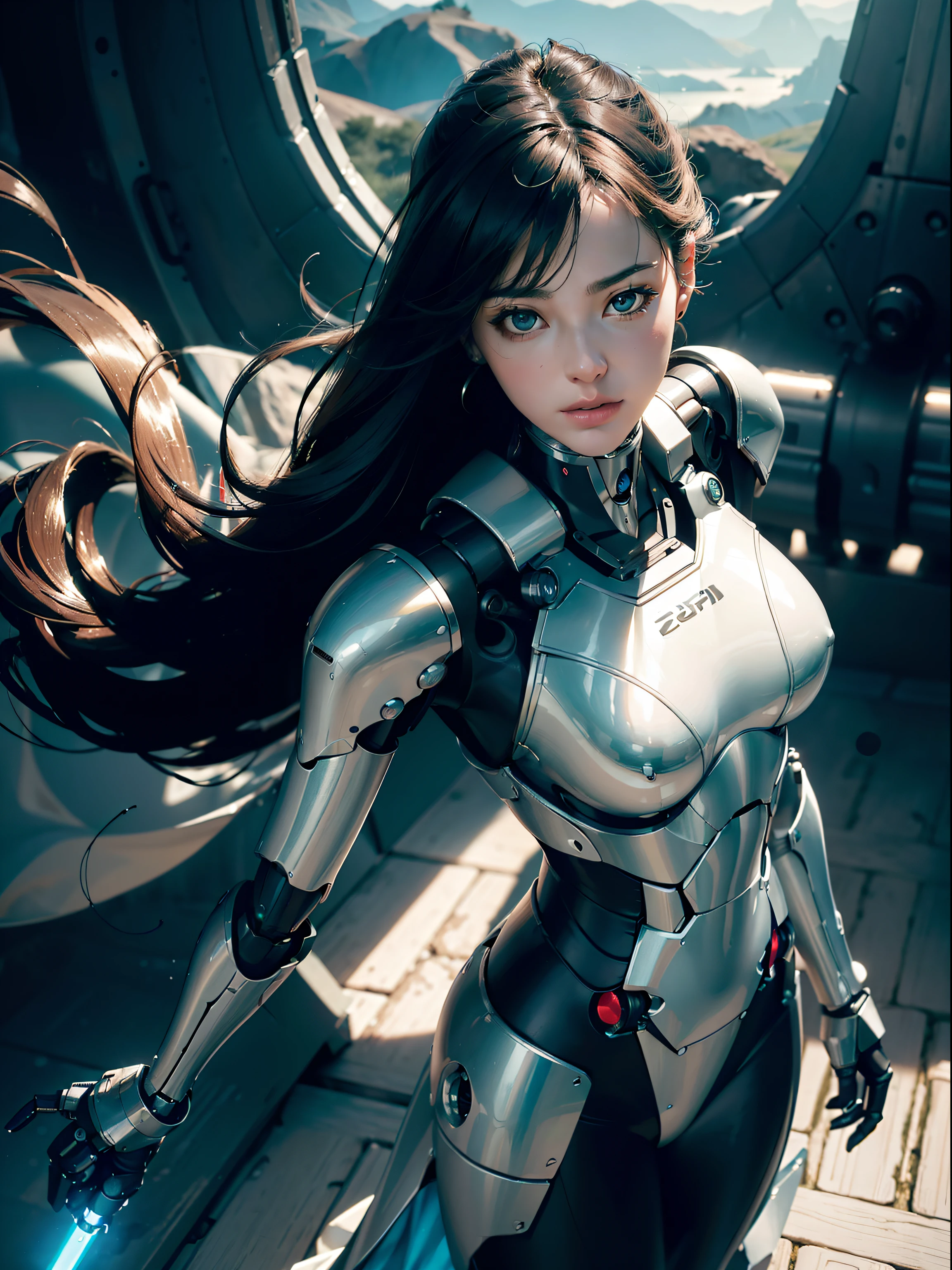 zhongfenghua, (RAW photo, best quality), (realistic, photo-realistic:1.3), extremely delicate and beautiful, Amazing, finely detail, masterpiece, ultra-detailed, highres,best illustration, best shadow,intricate,depth of field,(dramatic lighting:1.4),(from above:1.2),sharp focus, volumetric fog, 8k UHD, DSLR, high quality,( film grain:1.4), Fujifilm XT3,full body,A beautiful young woman wearing black trench coat, half human half robot face, ((1 robot,1 robot,Mechanical costalis,Mechanical spine))|Monotonous metallic color,Metal has no color, robot no color,robot girl,metallic mixture,cyborg girl)),looking at viewer, facing front, fighting stance
(Cable:1.2),(Transmission tube:1.2),(Machine eye:1.3),((Mechanical part connection)),((both arms)|(complex mechanical component:1.2~1.6)),((costalis)|(robot joints:1.2~1.6)), ,streamlinerai mecha,(lightsaber),earth,milky_way,starry,water,((armor)),water,wave