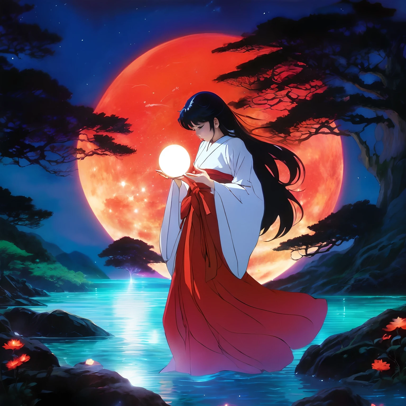Kikyou，Based on Rumiko Takahashi's painting style，Beauty with closed eyes，anime figure