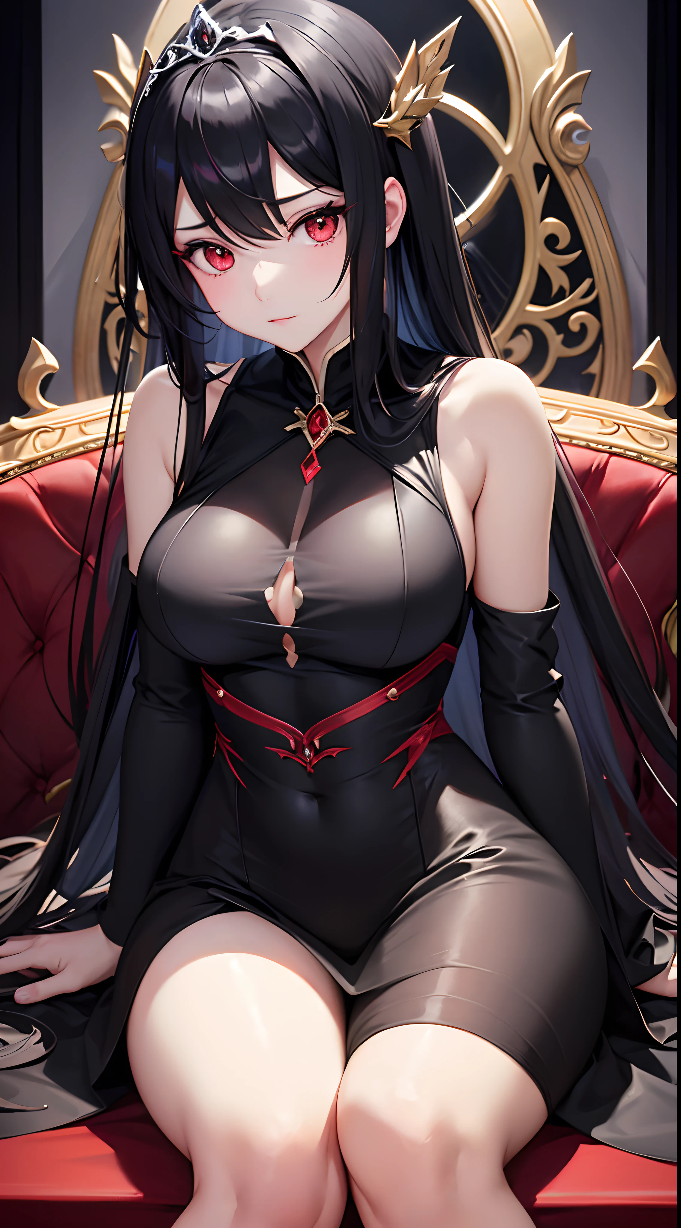 Anime Girls、He has a seductive ahe face.、Beautiful long black hair、He has red eyes with red flashes in his eyes.、Sitting on a throne with legs crossed。In a fantasy world、It's magic and、Dressed in black。Perfect body like the Queen of the Underworld wearing Princess Tiara、thick thight、Dominant appearance、An arrow of crimson light is pierced in her eye、large full breasts、Sensual body、Floating one-handed control magic black
