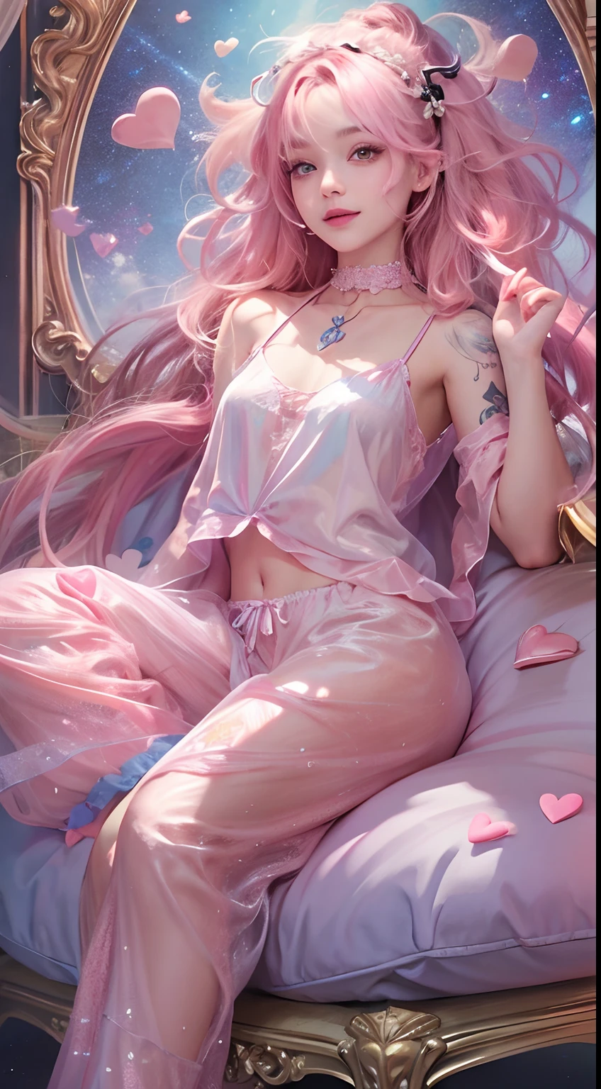 1girll,（Captivating quality：1.4），（True textured skins of the highest quality), Delicate face,Pink twin-tailed hair, Gradient Hair, （perfect bodies：1.1），Heart-shaped choker、long eyelasher,grin, hyperphotorealism, Cinematic lighting, projected inset, surrealism, hyper HD, masutepiece, 16 K，Dream On，Please wear clear silk pajamas,Carmelto,legs slightly open，tattooed，Fantasy space，Luxurious space