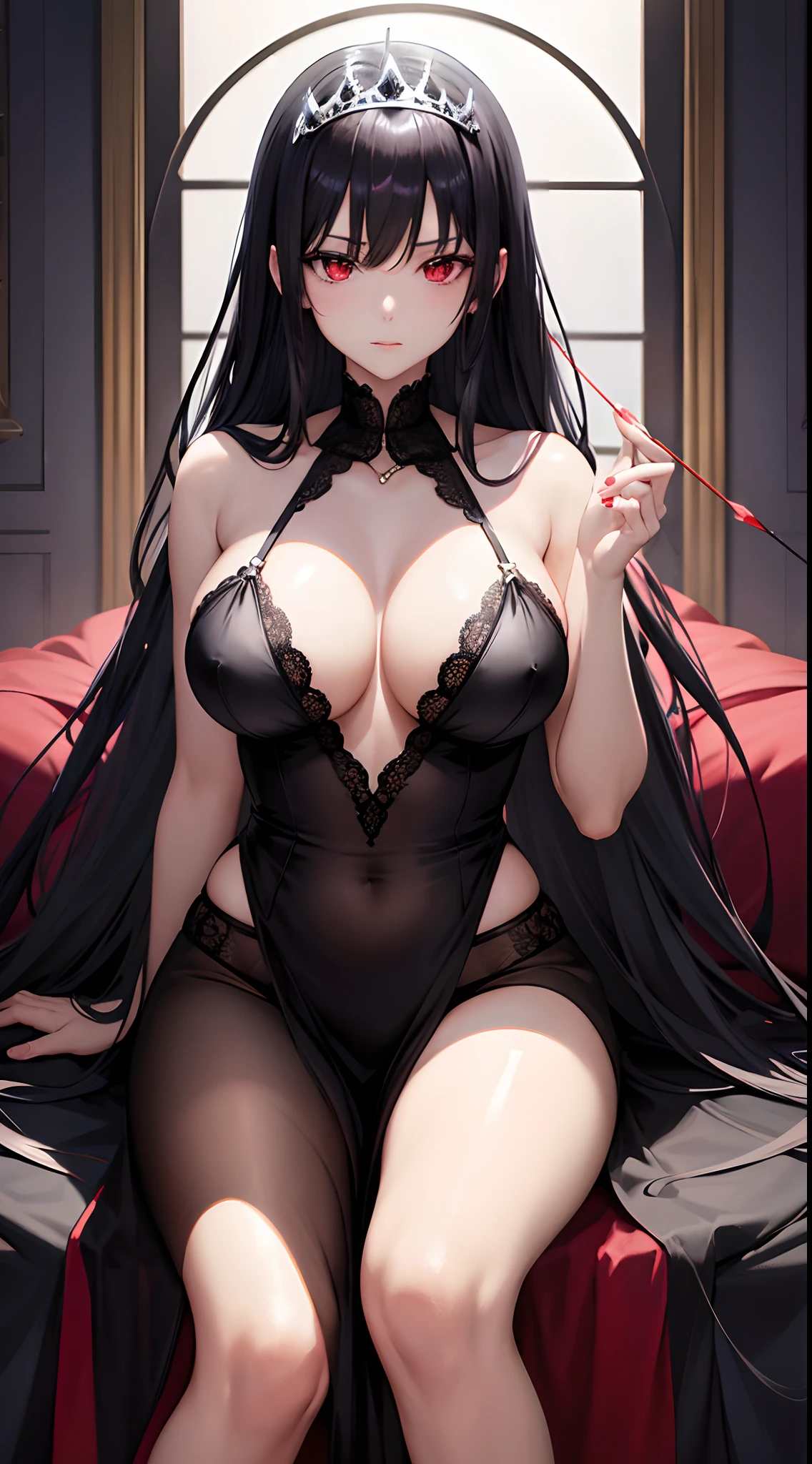 Anime Girls、Has a seductive ahe face、Beautiful long black hair、He has red eyes with red flashes in his eyes.、Sitting on a throne with legs crossed。In a fantasy world、It's magic and、Wearing black lingerie。Queen of the transparent underworld wearing Princess Tiara、Thigh Perfect Body、A dominant expression with an arrow of red light pierced into the eyes、Big breasts and sensual body