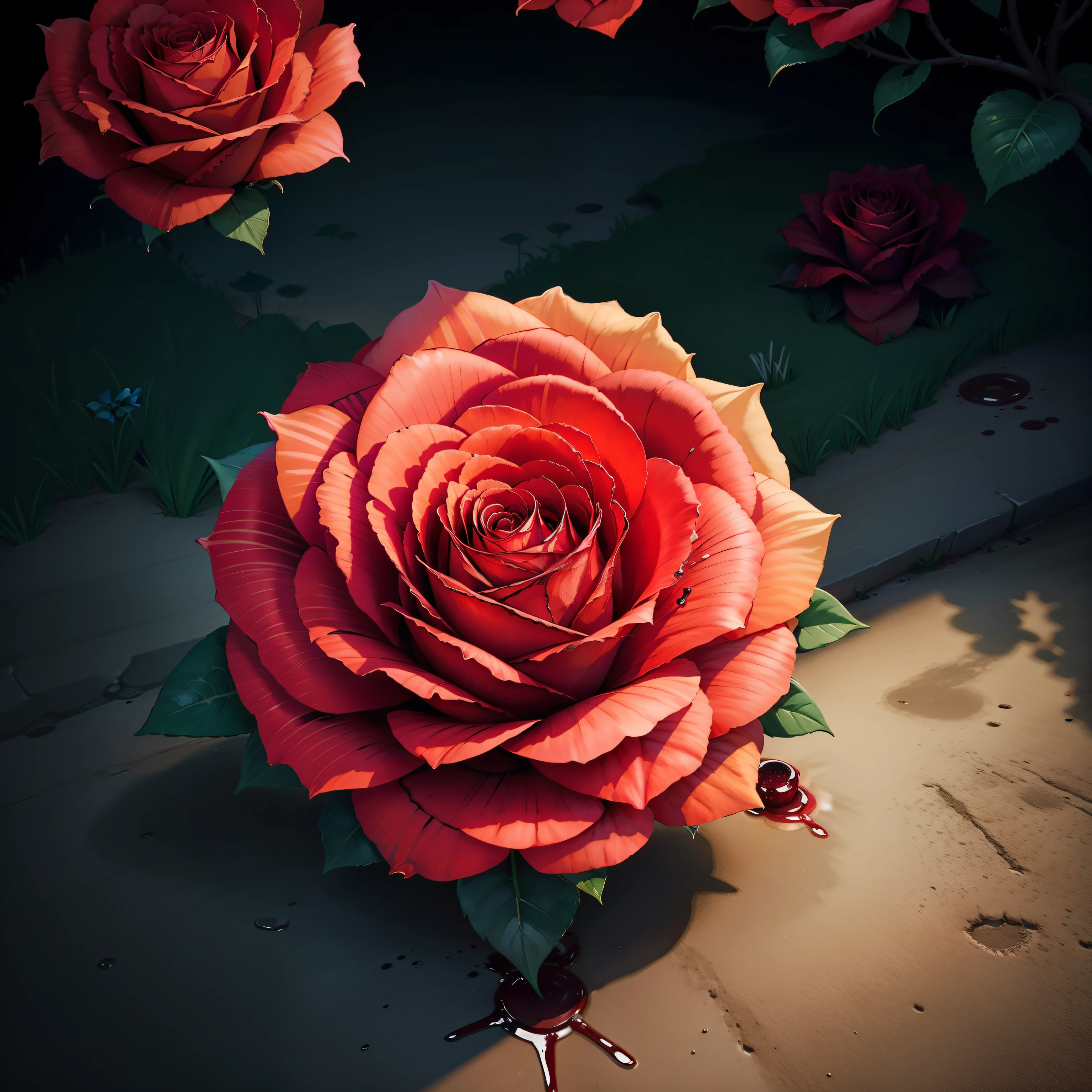 Beautiful garden with bright flowers | Rose bush with bright red flowers | broken flower with drops of blood.