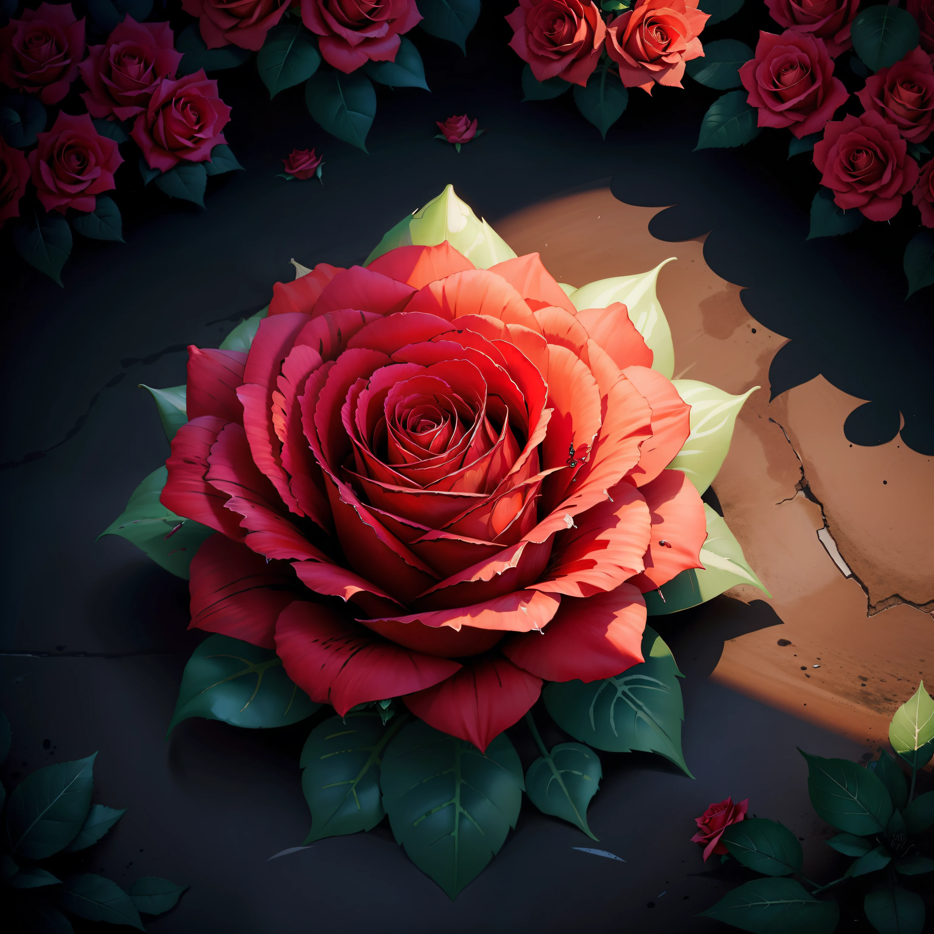 Beautiful garden with bright flowers | Rose bush with bright red flowers | broken flower with drops of blood.