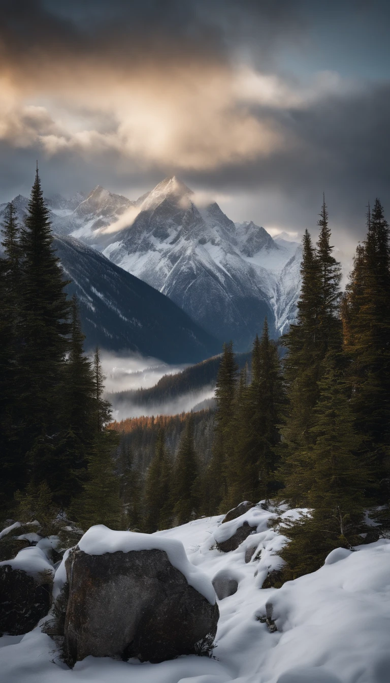 (snow-capped peaks of the majestic mountain,The thick snow covered everything,and everything was silver white,emerging from the clouds,Thin residual clouds.in the light of the sunset, raking light, cinematic lighting:1.45), oil painting by Marcus Larsson, concept matte painting, photorealism,View from sky, Photograph landscape snow mountains of dark age, rain, fog, dramatic and stunning award winning photo, dramatic linear delicacy, high dynamic range, Cinematic High Detail, UHD, 8k