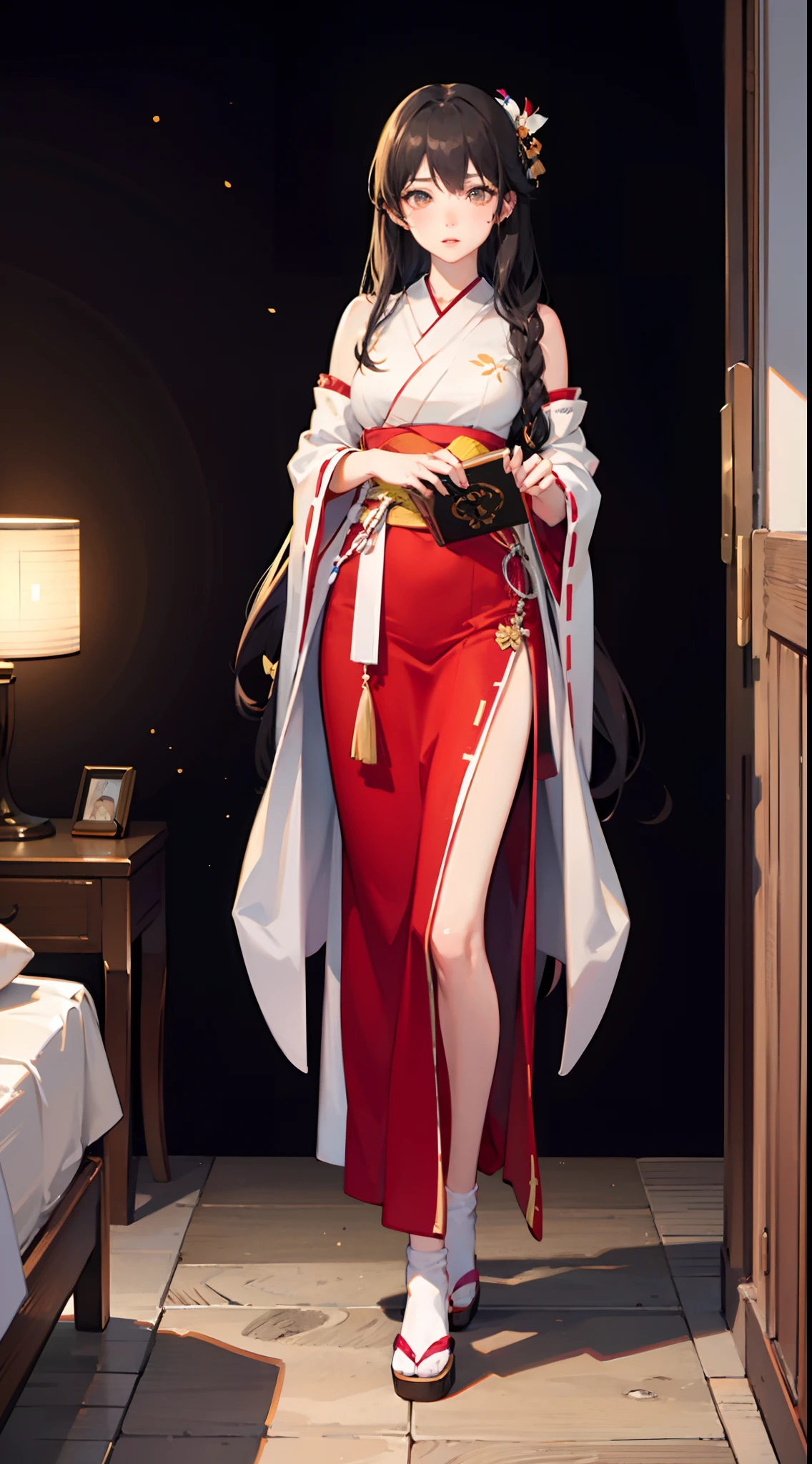 Japanese miko - san, realistic, Stereoscopic feeling, clear and beautiful, whole body, look_up_to, focus on the girl, on_back, beautiful detailed fullbody, petite, girl,woman,female, young,20 years old, very long hair, wept bangs, floating hair, detailed black hair, shiny hair, delicate beautiful face, blush stickers, detailed beautiful eyes, parted_lips, delicate hands, large_breasts, light brown eyes, Authentic skin texture, book, bed, indoors, day, (((very fine 8K CG wallpaper))), ((((very fine 8KCG wallpapers)))),