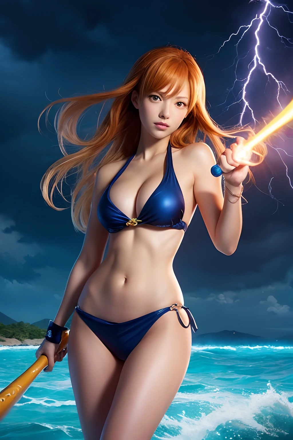 there is a woman in a bikini holding a baseball bat, nami from one piece, nami one piece, deviantart artstation cgscosiety, splashes of lightning behind her, epic digital art illustration, goddess of lightning, epic fantasy digital art style, epic fantasy digital art, 2. 5 d cgi anime fantasy artwork, mermaid cyborg with a laser whip