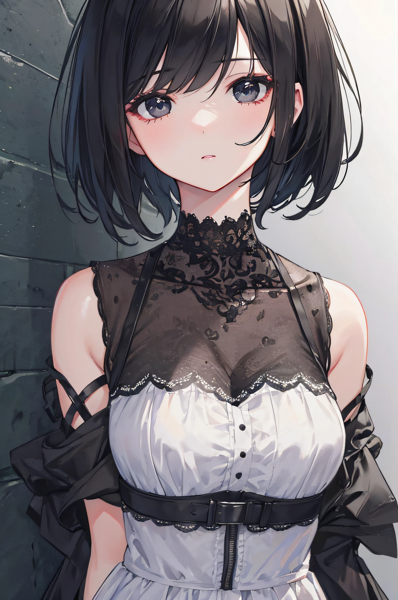 (((masterpiece2.1, ultra-detailed, best quality))),  high-resolution, medieval inn, dynamic angle, 1girl, black traveling attire, black hair, green eyes, medium hair, on the ground, (neck chained collar), dynamic angle, standing up