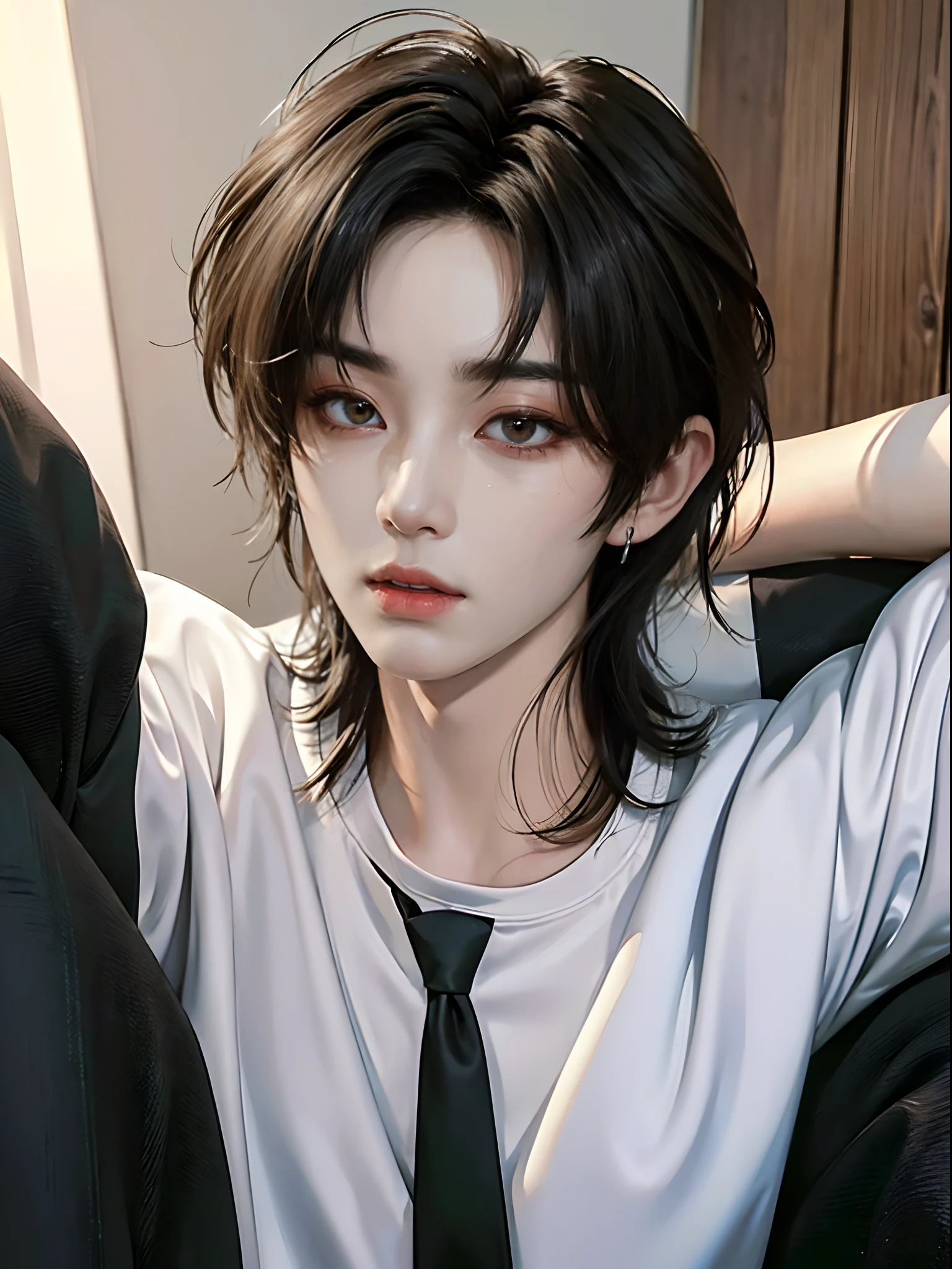 ((4K))、​masterpiece、（top-quality)、((high-level image quality))、One Manly Boy、((White Y-shirt and long black pants))、(Detailed beautiful eyes)、Stylish homeroom、Take a selfie while sitting with your back to the wall、Face similar to Chaewon in Ruseraphim、((short hair above the ears))、((Smaller face))、((Neutral face))、((Light brown eyes))、((Korean boy))、((18year old))、((Handsome man))、((Wild look))、((Korean Makeup))、((elongated and sharp eyes))、((Take a selfie))、((Selfie near face))、((Upper body photography))