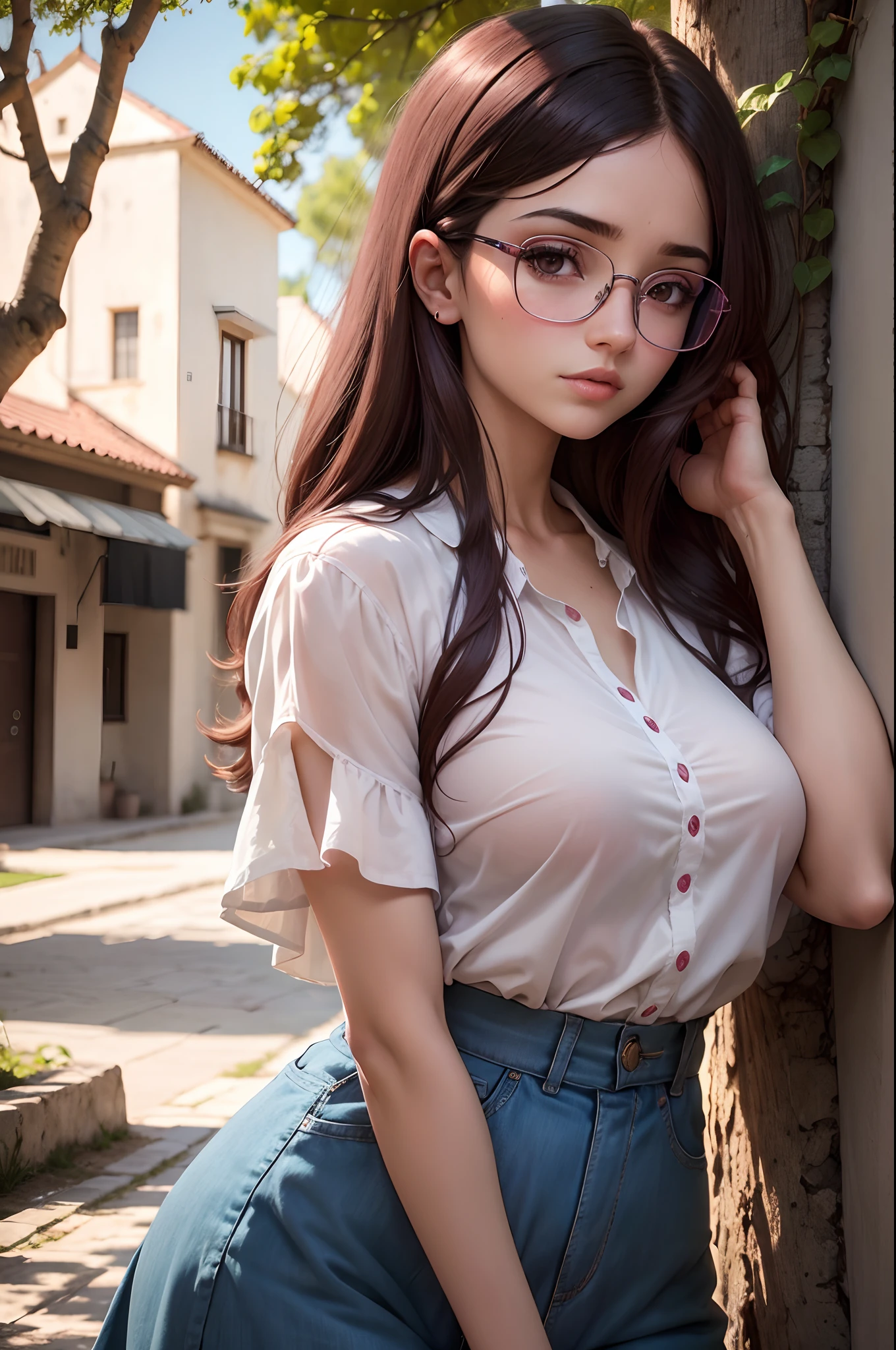 1mujer, con lentes, cristales transparentes, ojos visibles de color rosa, boca cerrada, camisa blanca, grandes pechos, tetas grandes, brown-hair, manos bien definidas, Behind the girl are some tree branches,