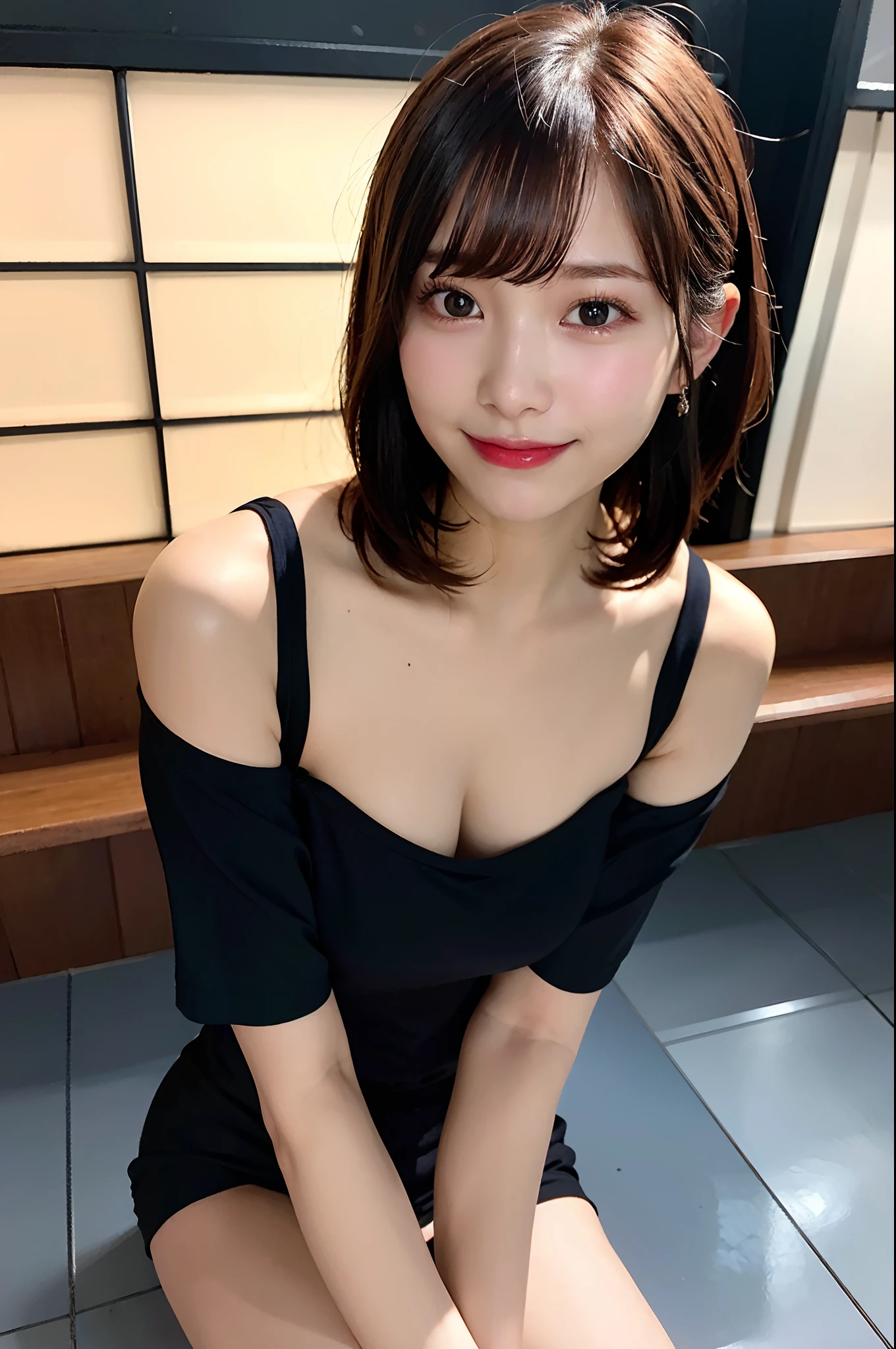 A beautiful Japanese shy girl, age 18 years old, short brown hair, brown big eyes, shiny lip, shiny hair, ecstatic expression, wearing off shoulder front button black one piece cloth, The background is very blurry, wearing high heels, A photo showing the whole body, in front of huge window,