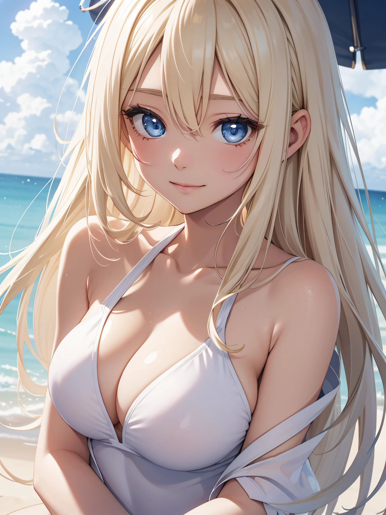 Official art、Top quality ultra-detailed CG art、a beauty girl:1.2)、a blond、Glossy hair、smooth hair、large blue eyes,Mid summer、kawaii、The sky is beautiful、medium cut、White competitive swimsuit、Smooth clothes、ssmile、It features a simple、Naked、