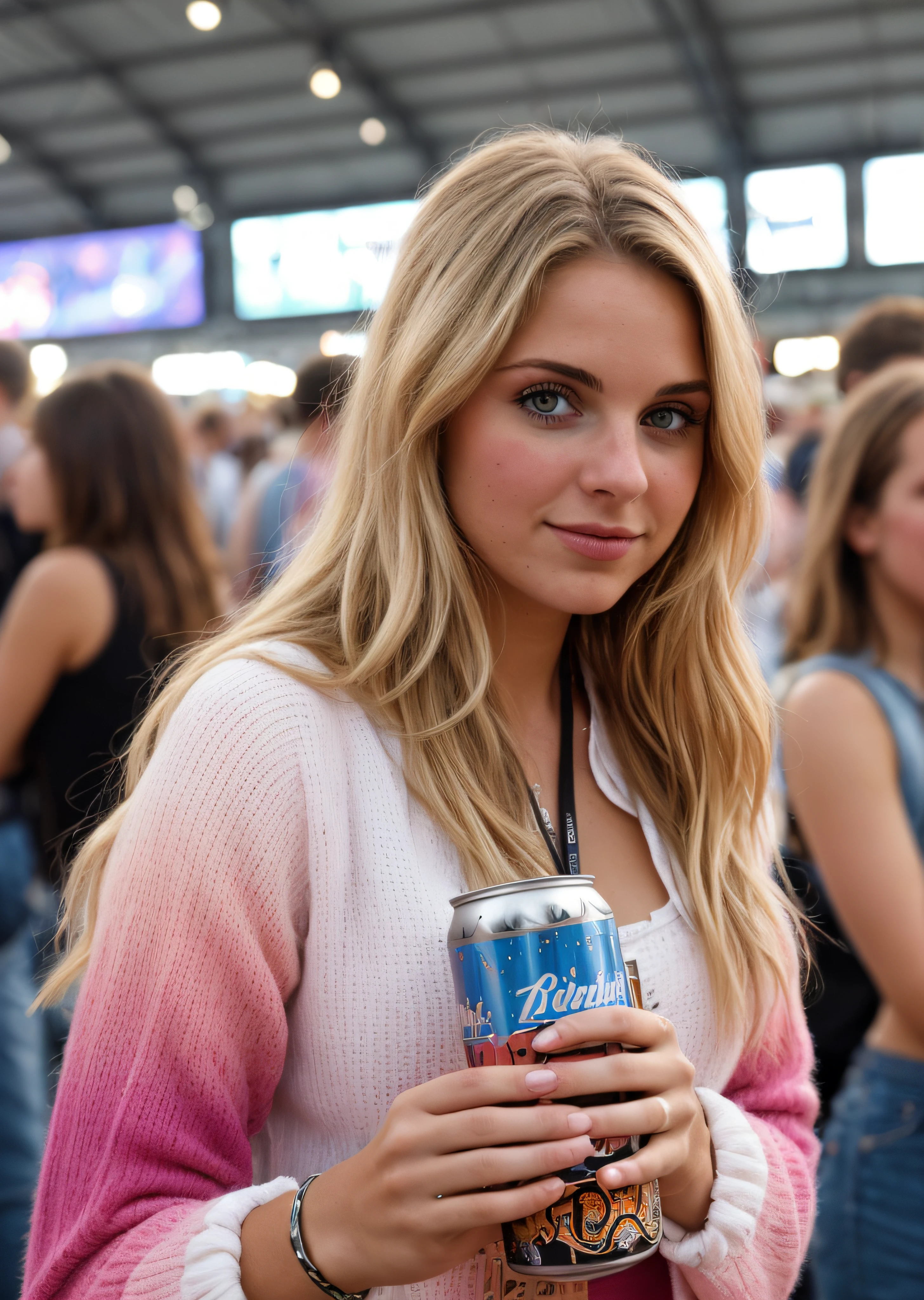 Taken with iphone BREAK camera, Medium shot of a selfie of a pretty young woman, a can of beer at Oktoberfest, advertising photo break (ombre: 1.3) blonde pink BREAK film grit, medium quality