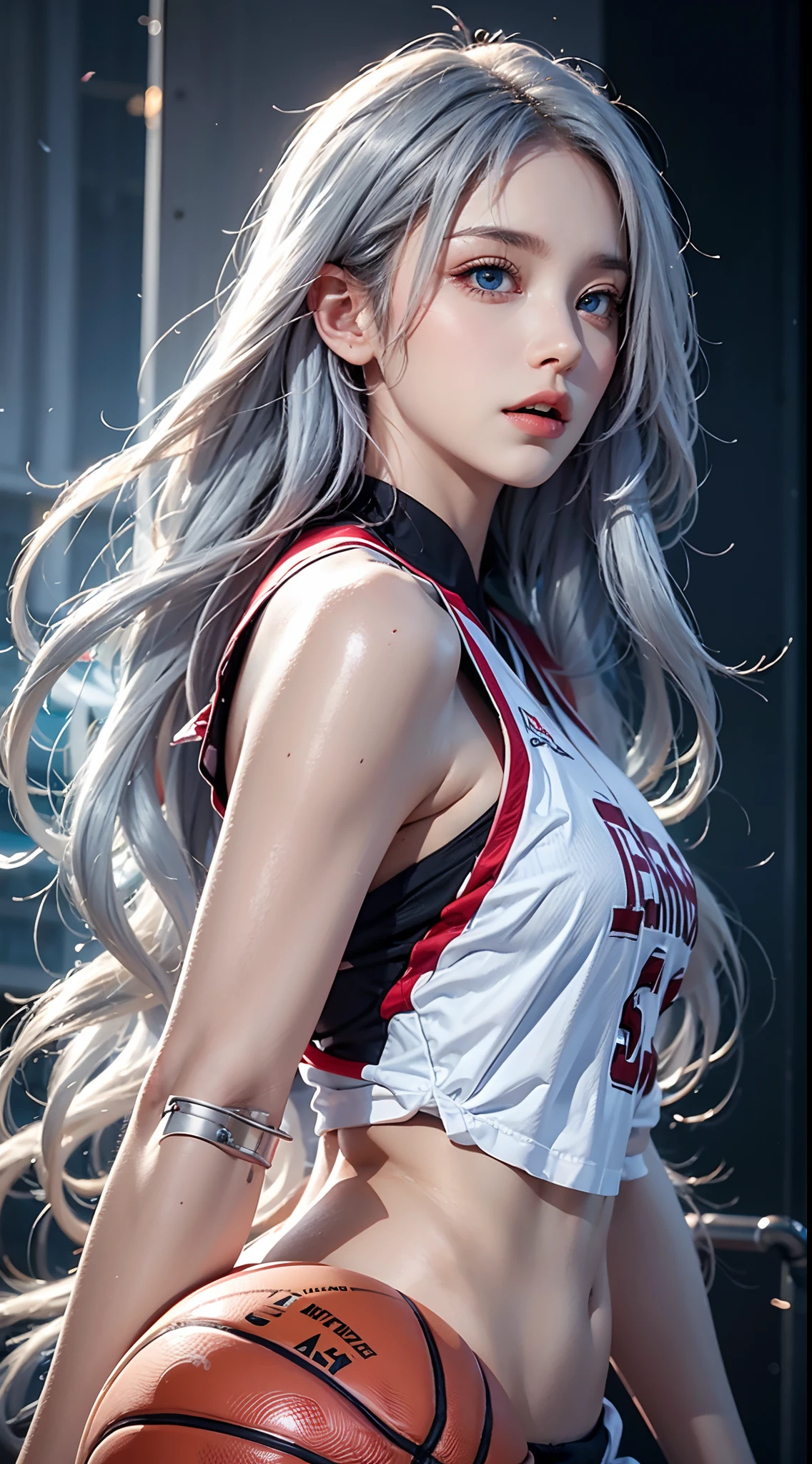 photorealistic, high resolution, soft lights, 1women, solo, hips up, (blue eyes, long hair, white hair), basketball uniform, basketball yard, hips up