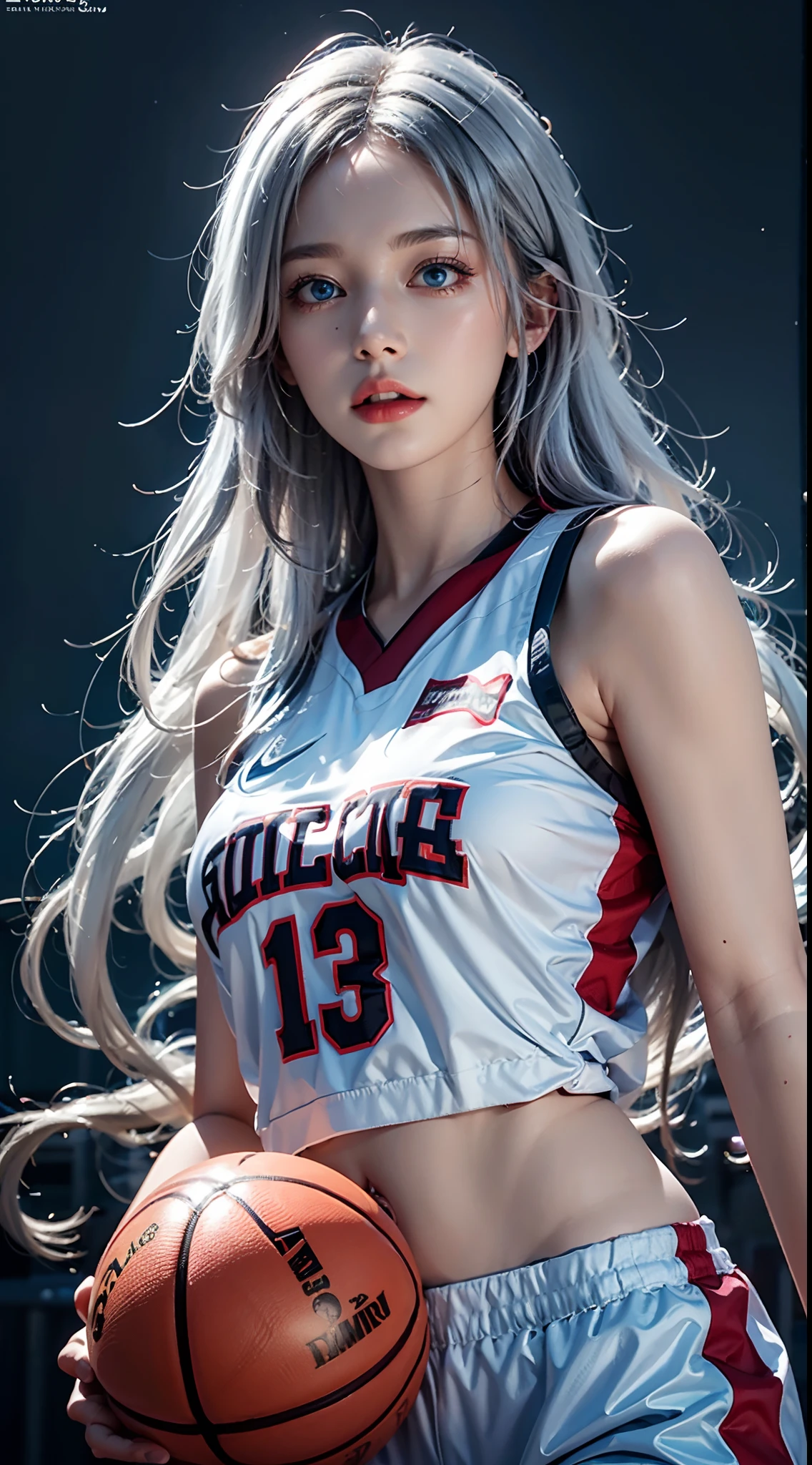 photorealistic, high resolution, soft lights, 1women, solo, hips up, (blue eyes, long hair, white hair), basketball uniform, basketball yard, hips up