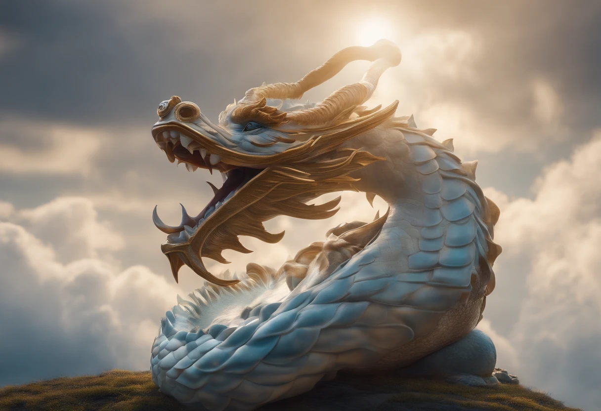 This dragon is a traditional Chinese dragon without wings, entirely golden, giving off a sense of realism and majesty. Its body is long and flexible, coiling like a snake, covered in fine golden scales that shimmer brilliantly under the sunlight. The dragon's head is large and imposing, adorned with two long antlers on its forehead, symbolizing its sacredness and power. Its eyes are piercing and seem to see through everything, with nostrils slightly flared as if it could breathe out dragon's breath.
The dragon's mouth is slightly open, revealing sharp teeth, and its tongue moves nimbly inside. It has long, flowing whiskers that flutter like ribbons in the wind. The dragon's limbs are strong and powerful, each paw equipped with five sharp claws gripping the ground tightly, showcasing its strength and authority. Its tail is long and robust, with the tip slightly curled upwards, as if ready to strike at any moment.Overall, this golden dragon appears lifelike, as if it has stepped out of ancient legends, exuding boundless power and a mysterious aura that commands awe and respect.