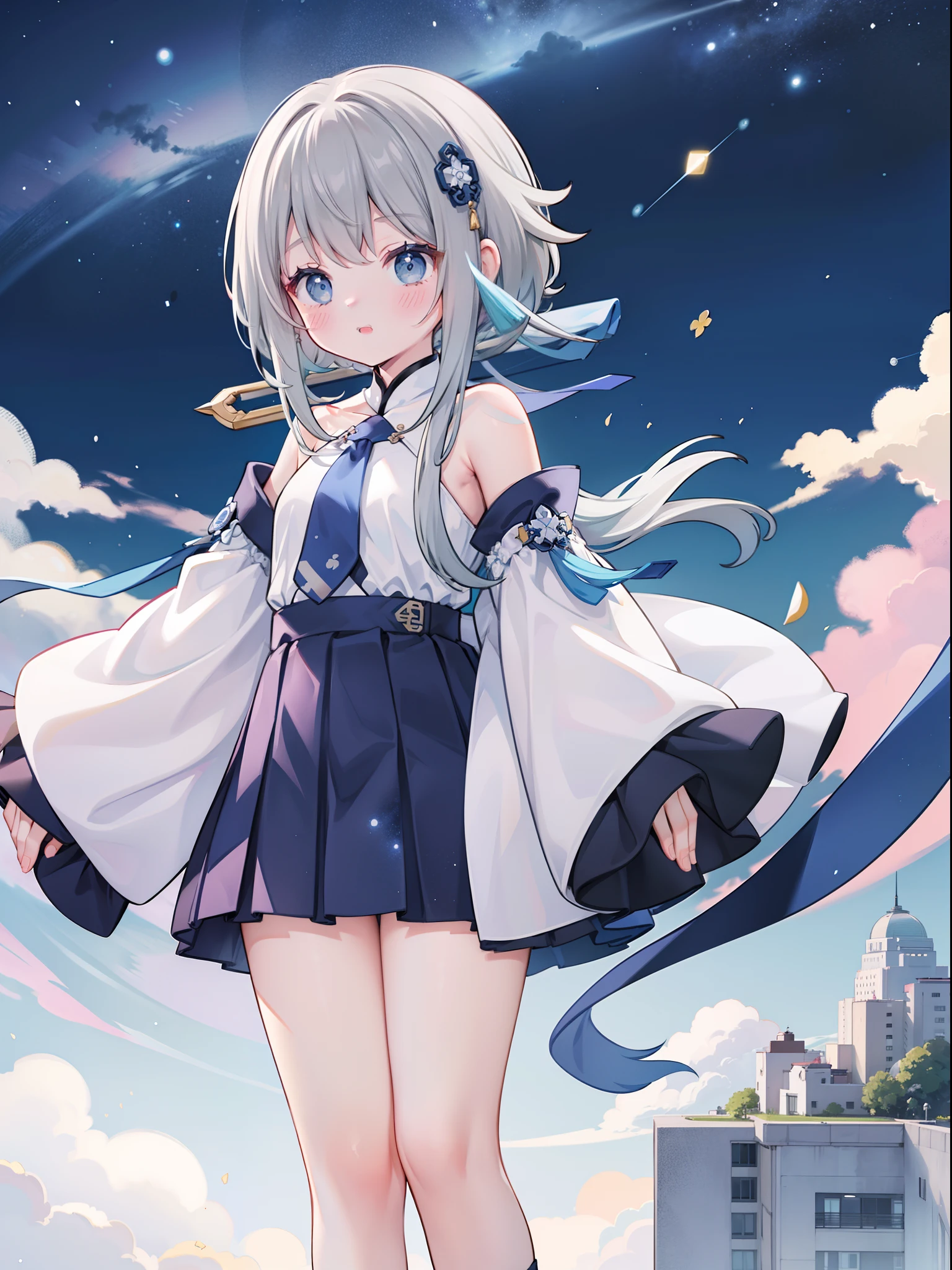 masterpiece, best quality, 1girl, solo, guizhong_genshin, school uniform, white shirt, tie, skirt, sleeves over wrists, starry sky print