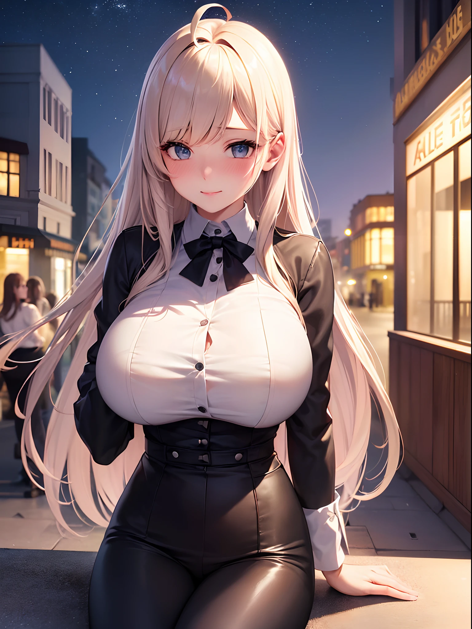(8K, Best Quality, masutepiece: 1.2), (Realistic, Photorealistic: 1.37), super detailed, 1 adult female, Cute, Alone, Beautiful detailed sky, Detailed Cafe, Night, Sitting, date, ( nose blush), (Gentle smile: 1.15), (closes mouth) ,((huge bust:1.5)) ,Beautiful details, (Collared shirt: 1.1), Night, Wet, Business Wear, Rain, White lace, (Long hair: 1.2), Floating Hair NovaFrogStyle,Ahoge,