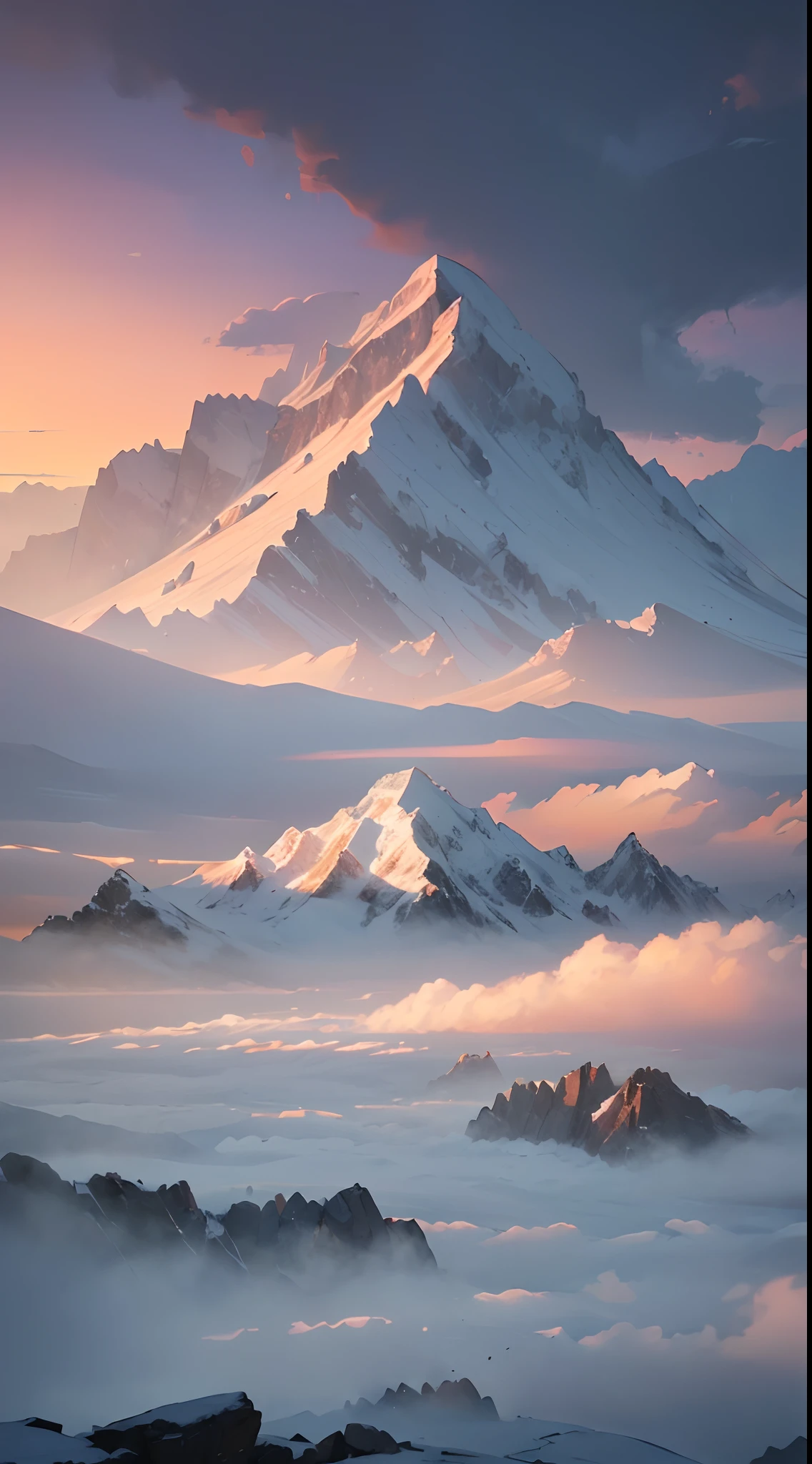 (snow-capped peaks of the majestic mountain,The thick snow covered everything,and everything was silver white,emerging from the clouds,Thin residual clouds.in the light of the sunset, raking light, cinematic lighting:1.45), oil painting by Marcus Larsson, concept matte painting, photorealism,View from sky, Photograph landscape snow mountains of dark age, rain, fog, dramatic and stunning award winning photo, dramatic linear delicacy, high dynamic range, Cinematic High Detail, UHD, 8k