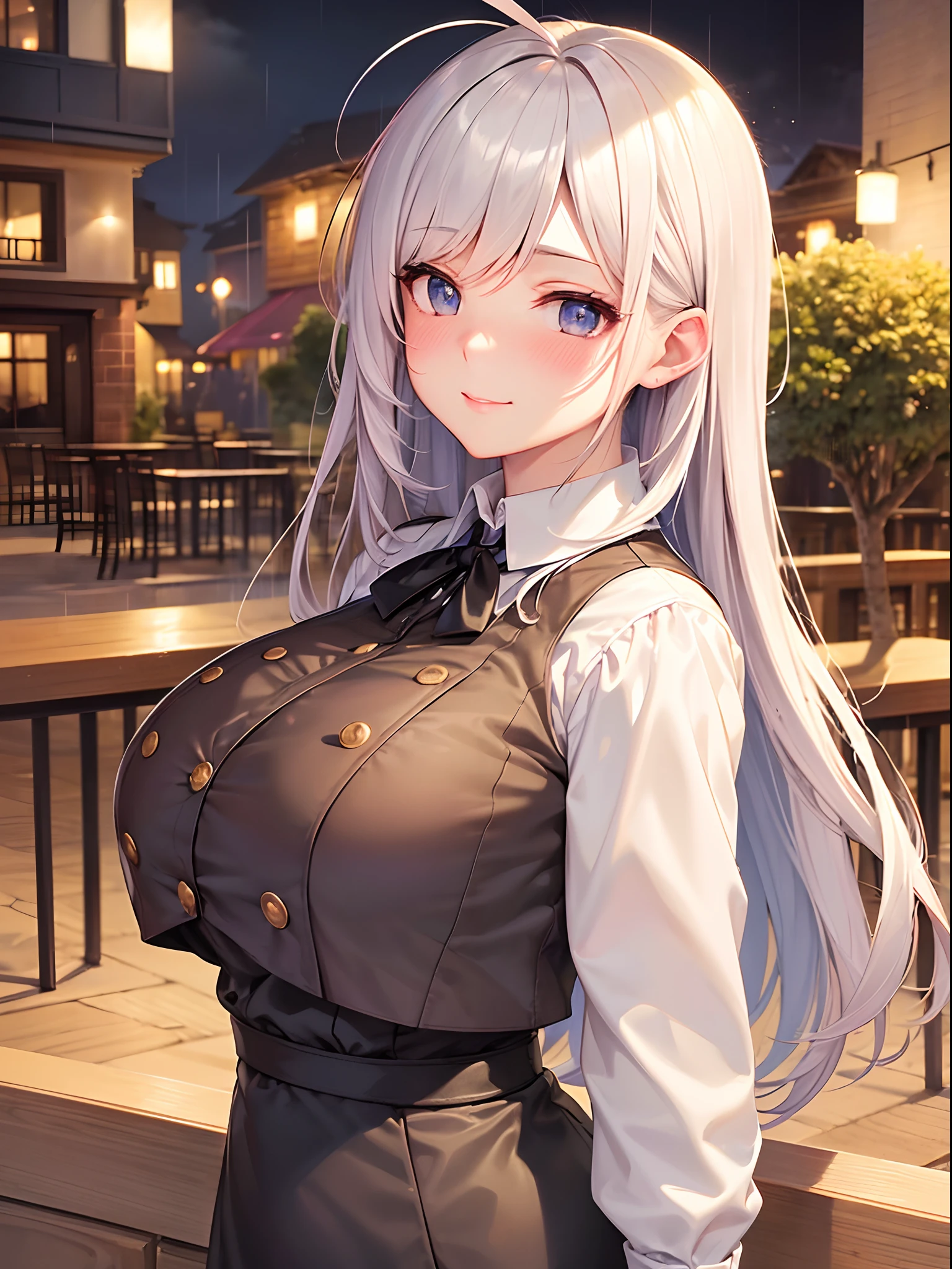 (8K, Best Quality, masutepiece: 1.2), (Realistic, Photorealistic: 1.37), super detailed, 1 adult female, Cute, Alone, Beautiful detailed sky, Detailed Cafe, Night, Sitting, date, ( nose blush), (Gentle smile: 1.15), (closes mouth) ,((huge bust:1.5)) ,Beautiful details, (Collared shirt: 1.1), Night, Wet, Business Wear, Rain, White lace, (Long hair: 1.2), Floating Hair NovaFrogStyle,Ahoge,